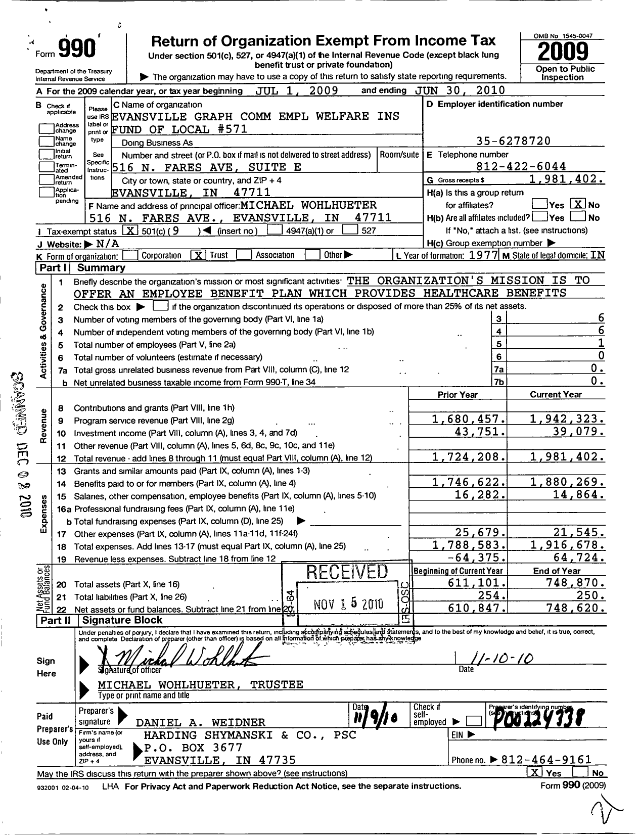 Image of first page of 2009 Form 990O for Evansville Graph Comm Empl Welfare Ins Fund of Local 571