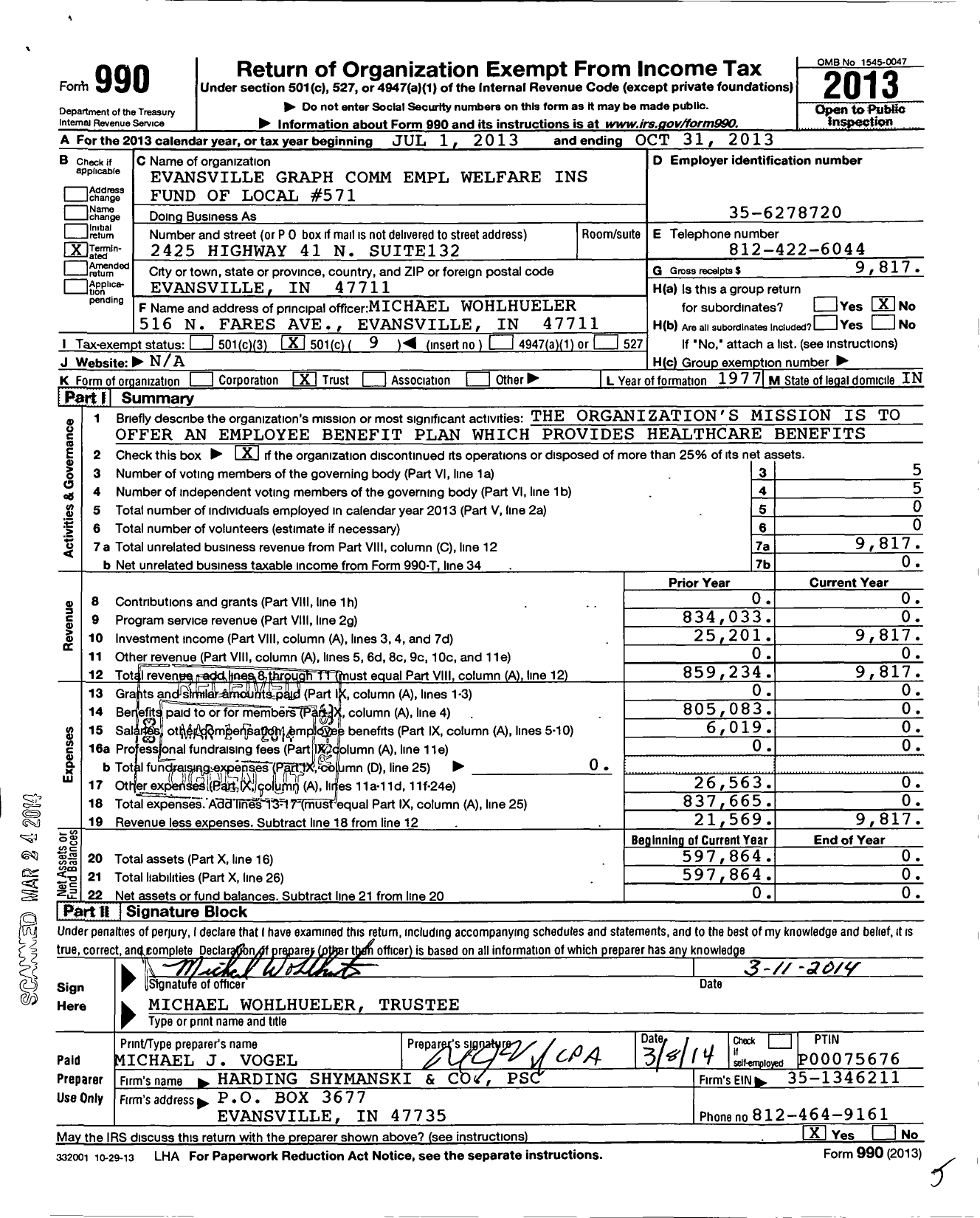Image of first page of 2012 Form 990O for Evansville Graph Comm Empl Welfare Ins Fund of Local 571