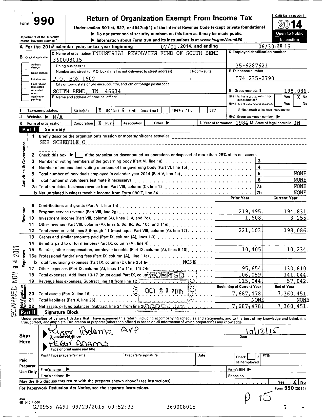 Image of first page of 2014 Form 990O for Industrial Revolving Fund of South Bend Indiana