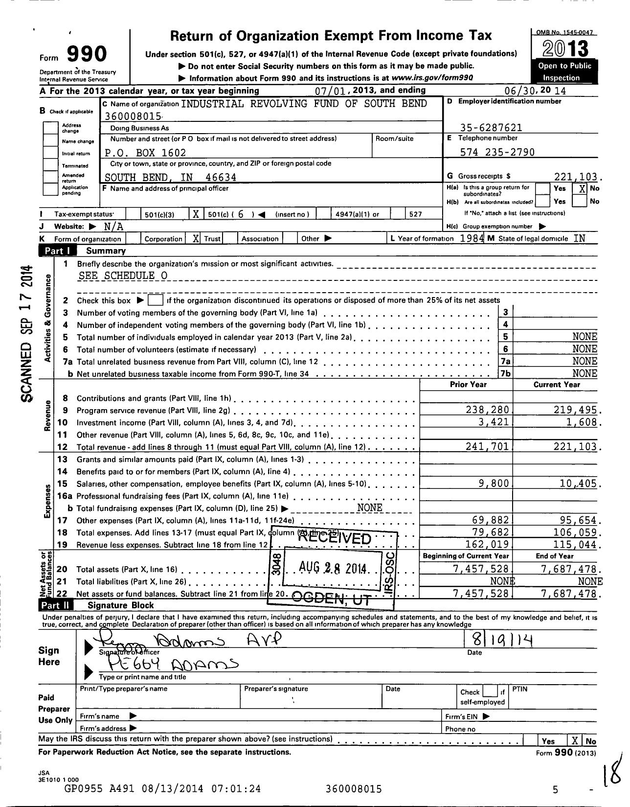 Image of first page of 2013 Form 990O for Industrial Revolving Fund of South Bend Indiana