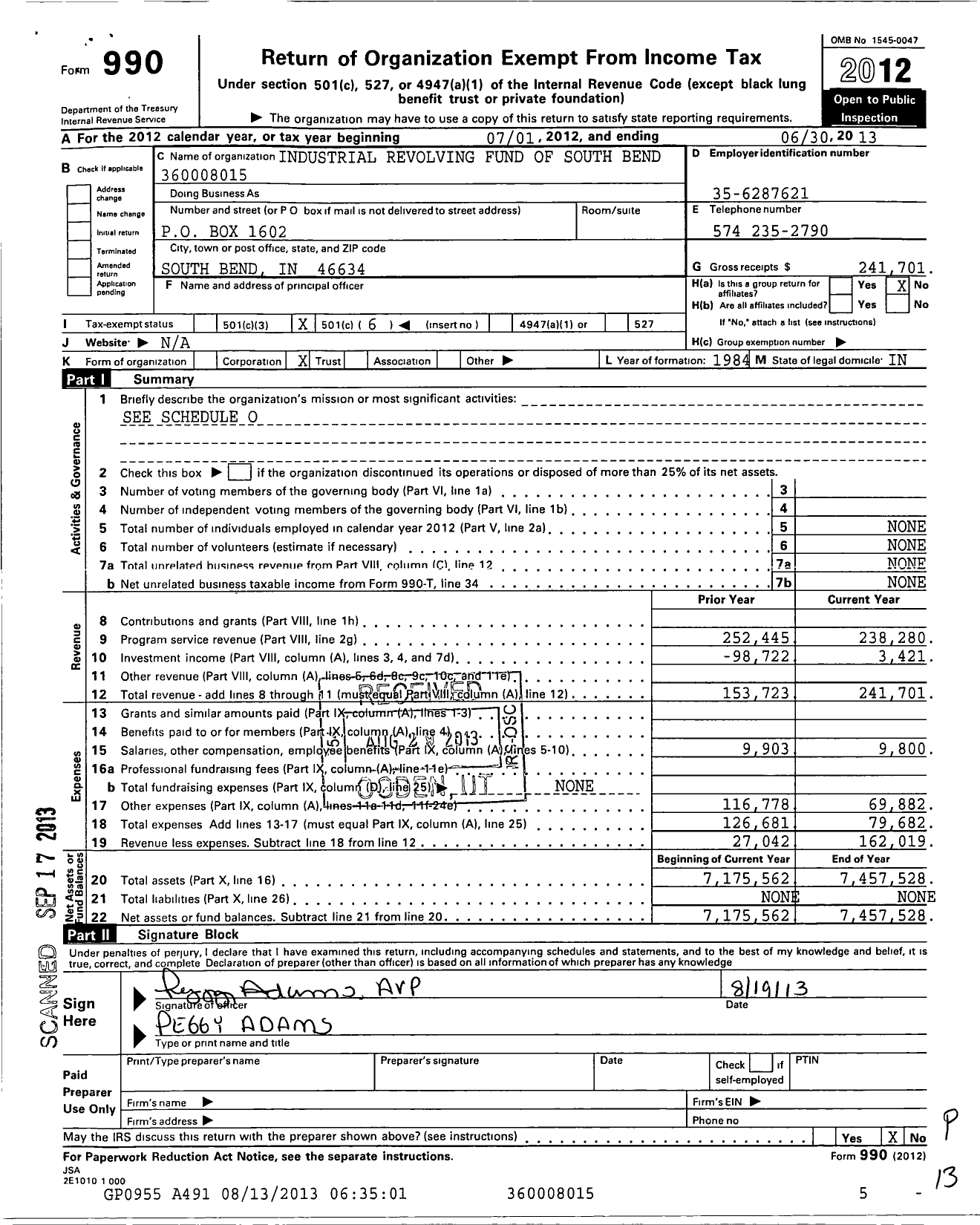 Image of first page of 2012 Form 990O for Industrial Revolving Fund of South Bend Indiana