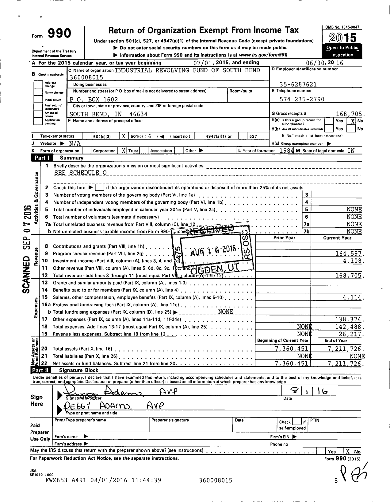 Image of first page of 2015 Form 990O for Industrial Revolving Fund of South Bend Indiana