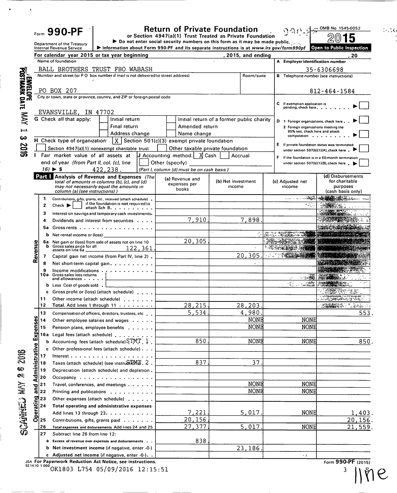 Image of first page of 2015 Form 990PF for Ball Brothers Trust Fbo Wabash XXX-XX-XXXX