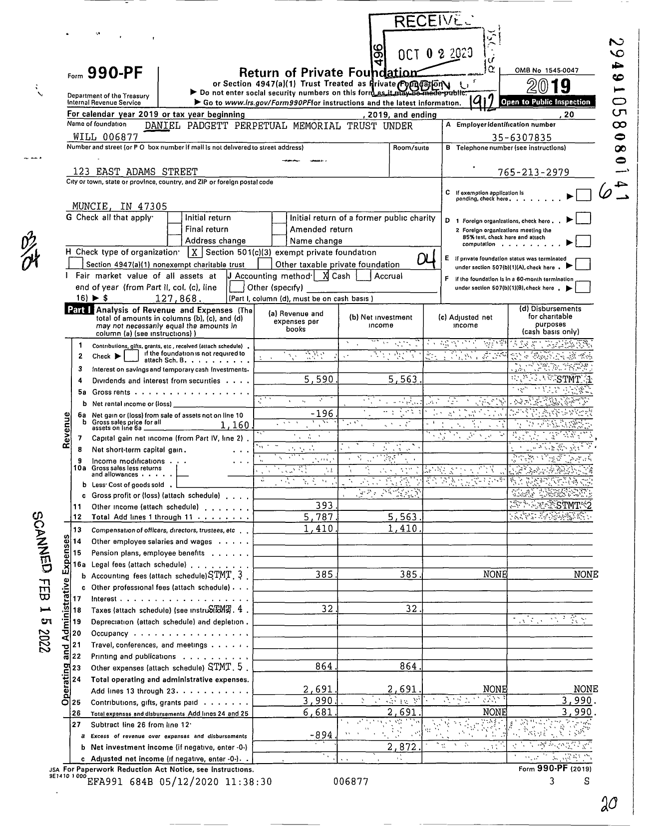 Image of first page of 2019 Form 990PF for Padgett Perpetual Trust
