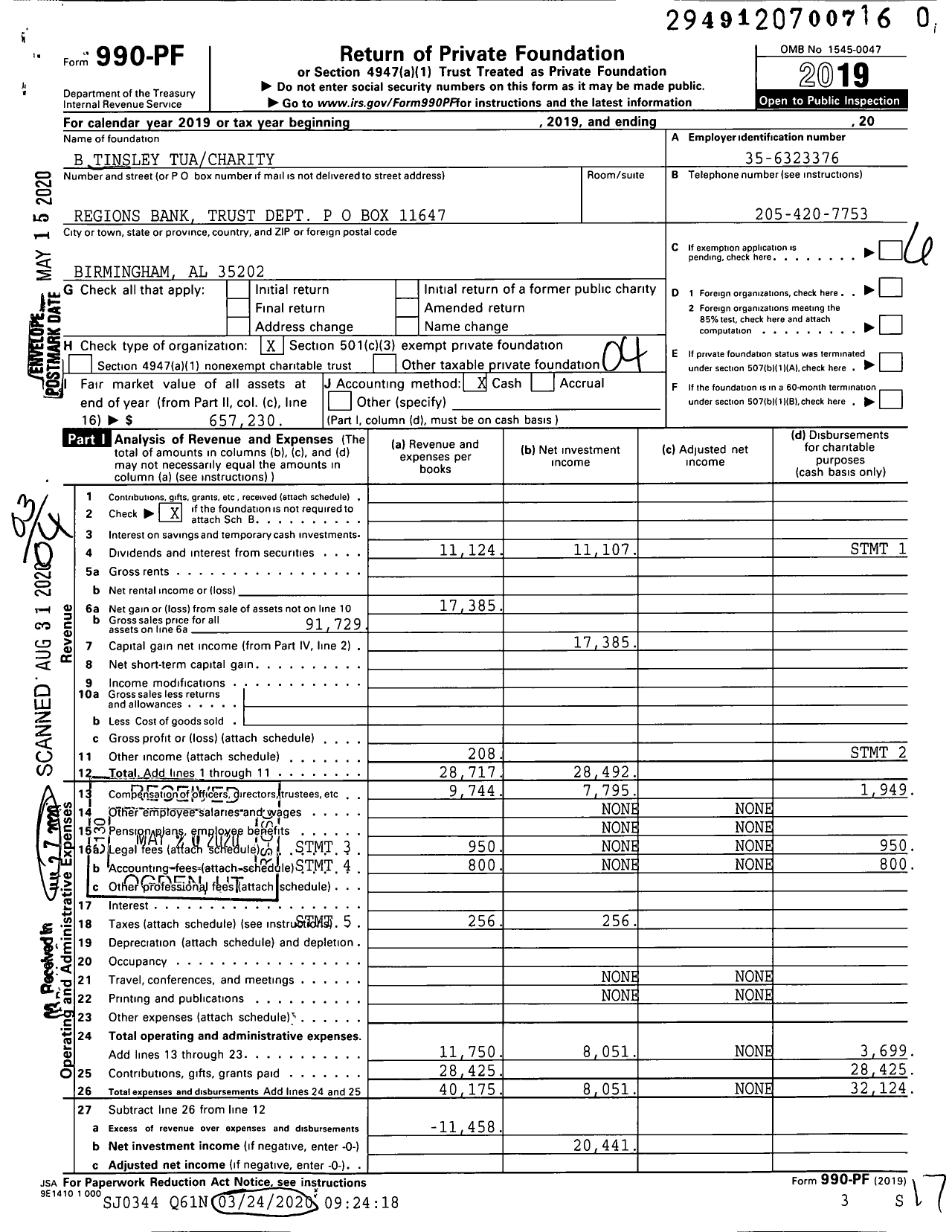 Image of first page of 2019 Form 990PR for B Tinsley Tuacharity