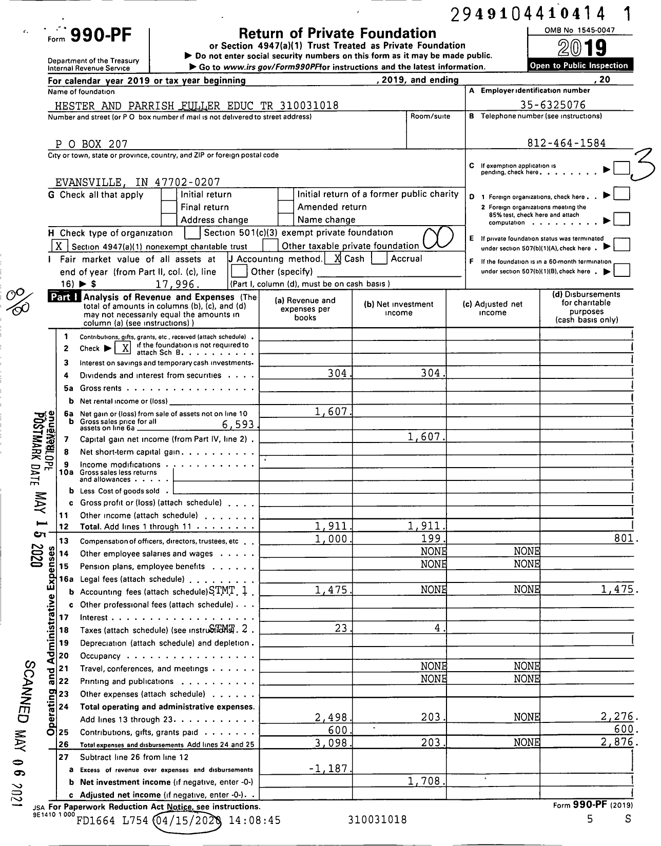 Image of first page of 2019 Form 990PF for Hester and Parrish Fuller Educ TR XXX-XX-XXXX