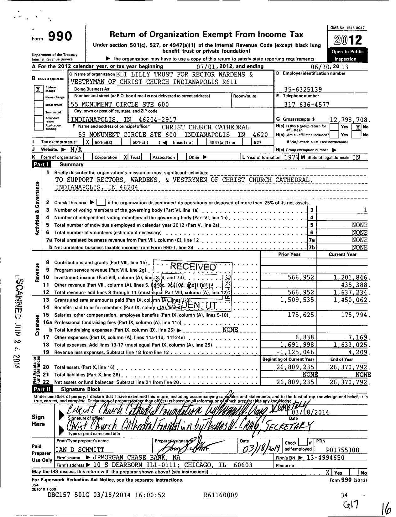 Image of first page of 2012 Form 990 for Eli Lilly for the Rector Wardens and Vestrymen of Christ Church