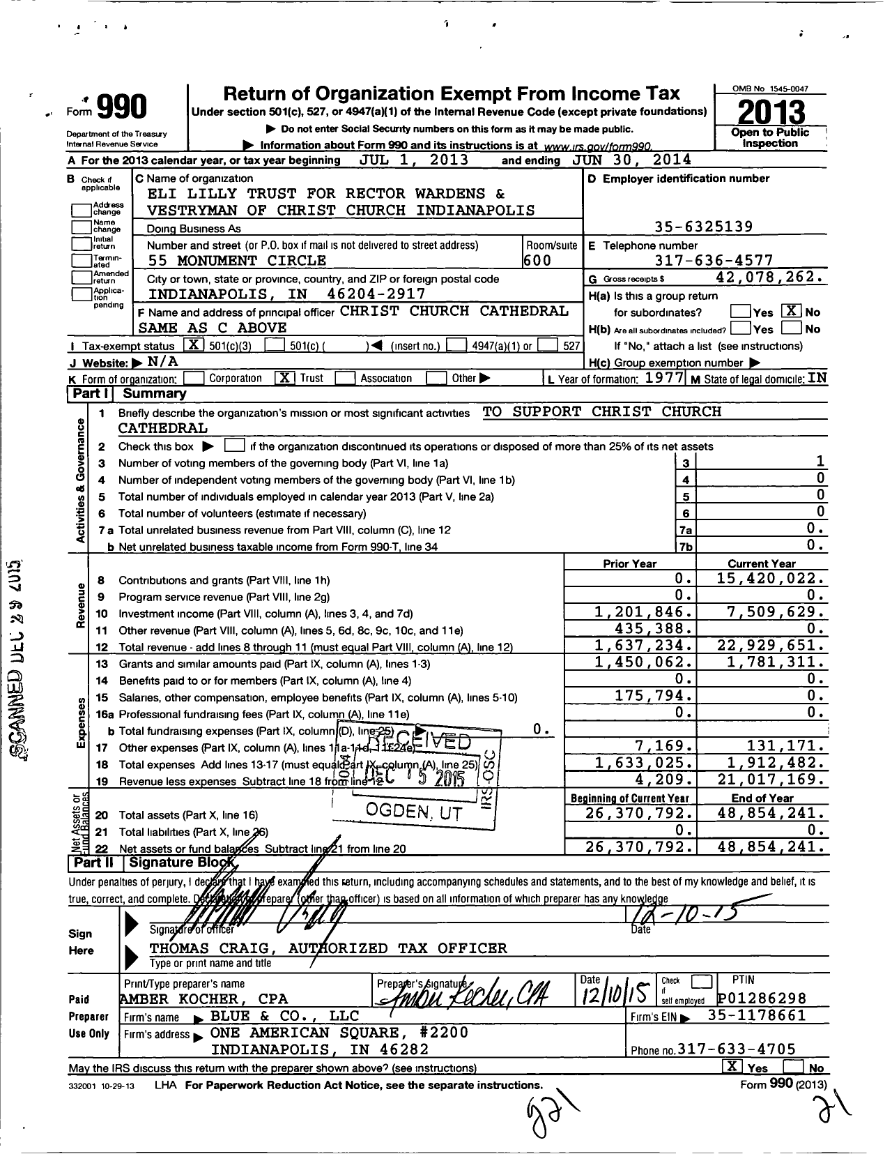 Image of first page of 2013 Form 990 for Eli Lilly for the Rector Wardens and Vestrymen of Christ Church