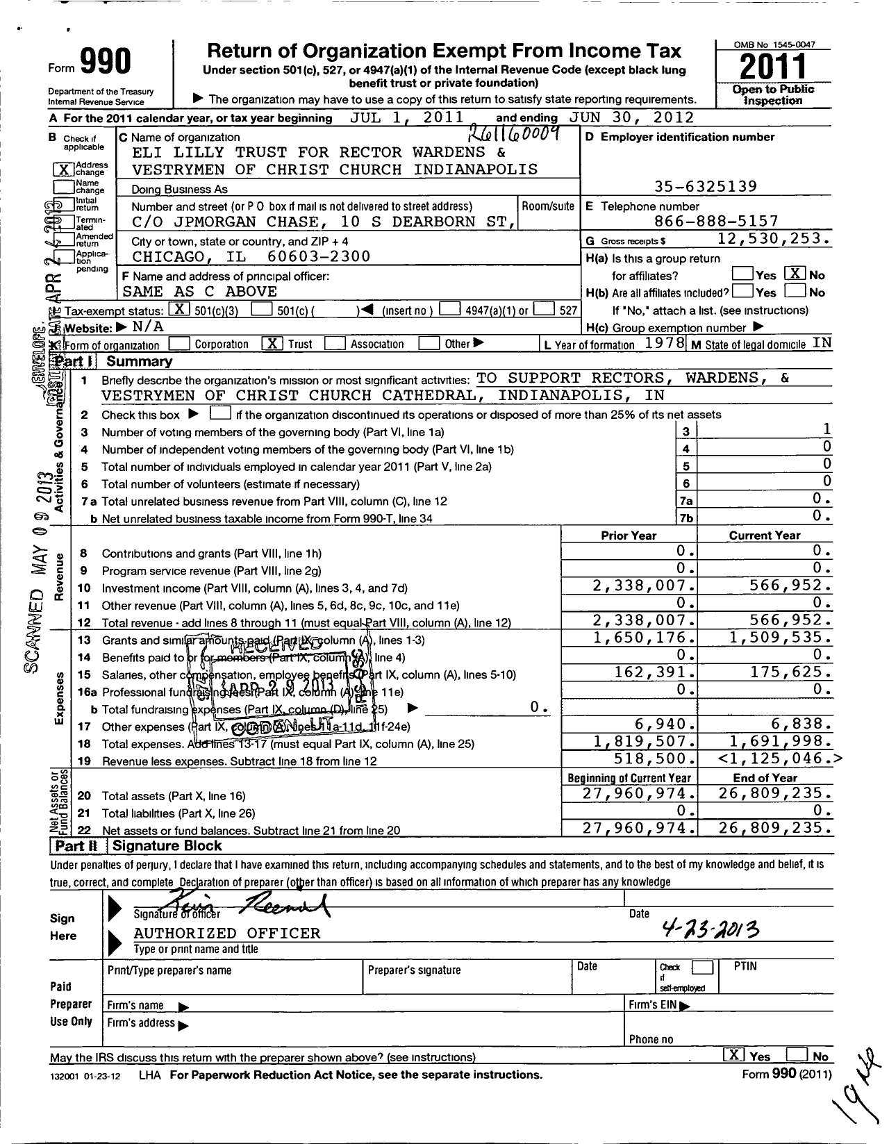 Image of first page of 2011 Form 990 for Eli Lilly for the Rector Wardens and Vestrymen of Christ Church