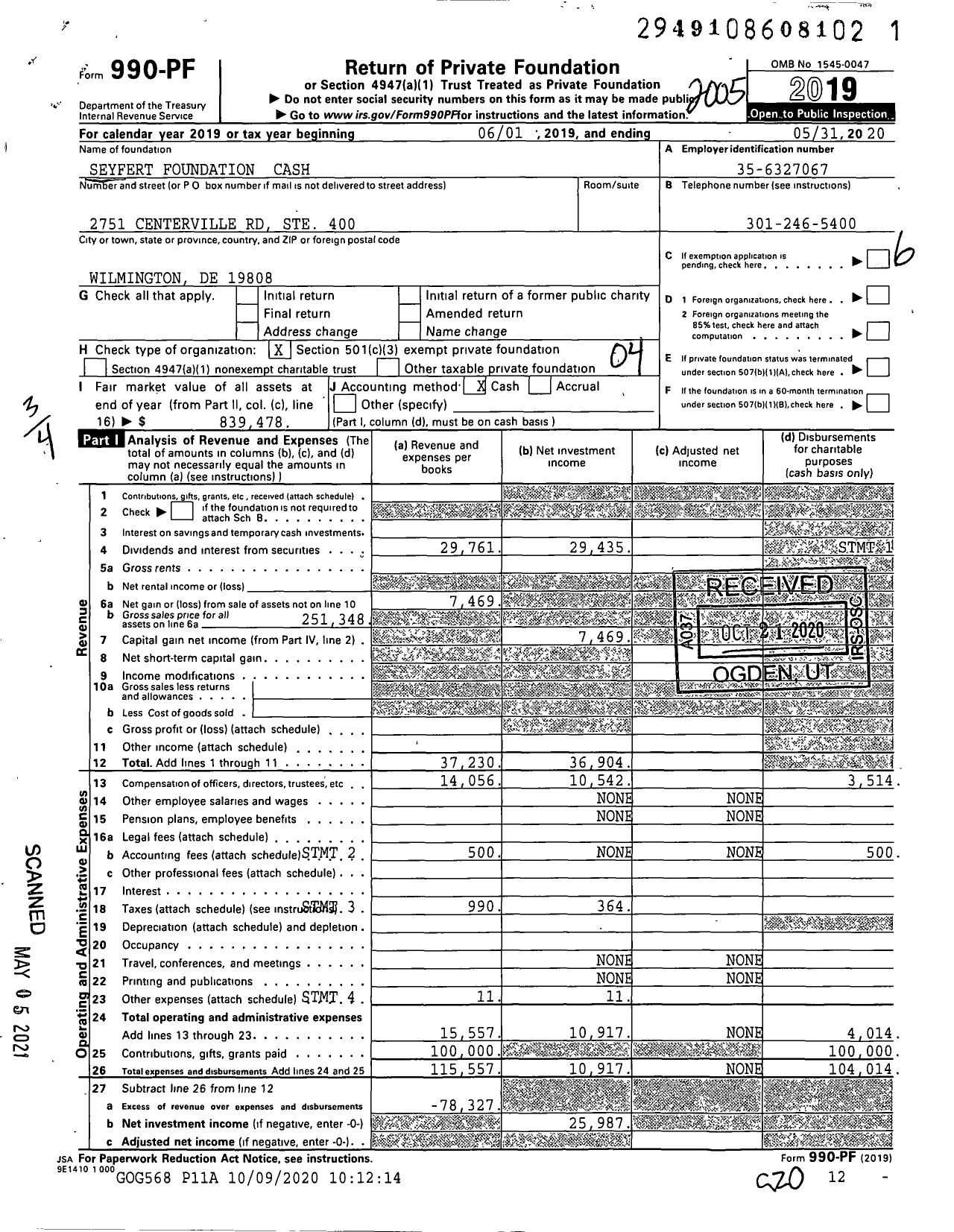 Image of first page of 2019 Form 990PF for Seyfert Foundation Cash