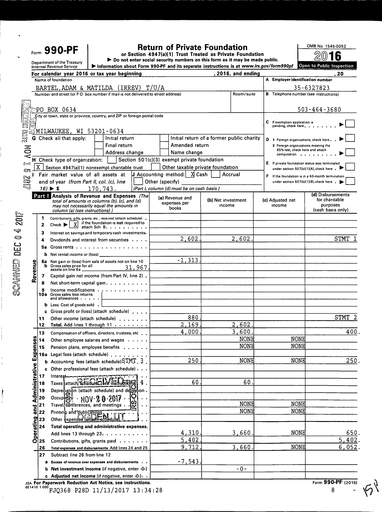 Image of first page of 2016 Form 990PF for Barteladam and Matilda