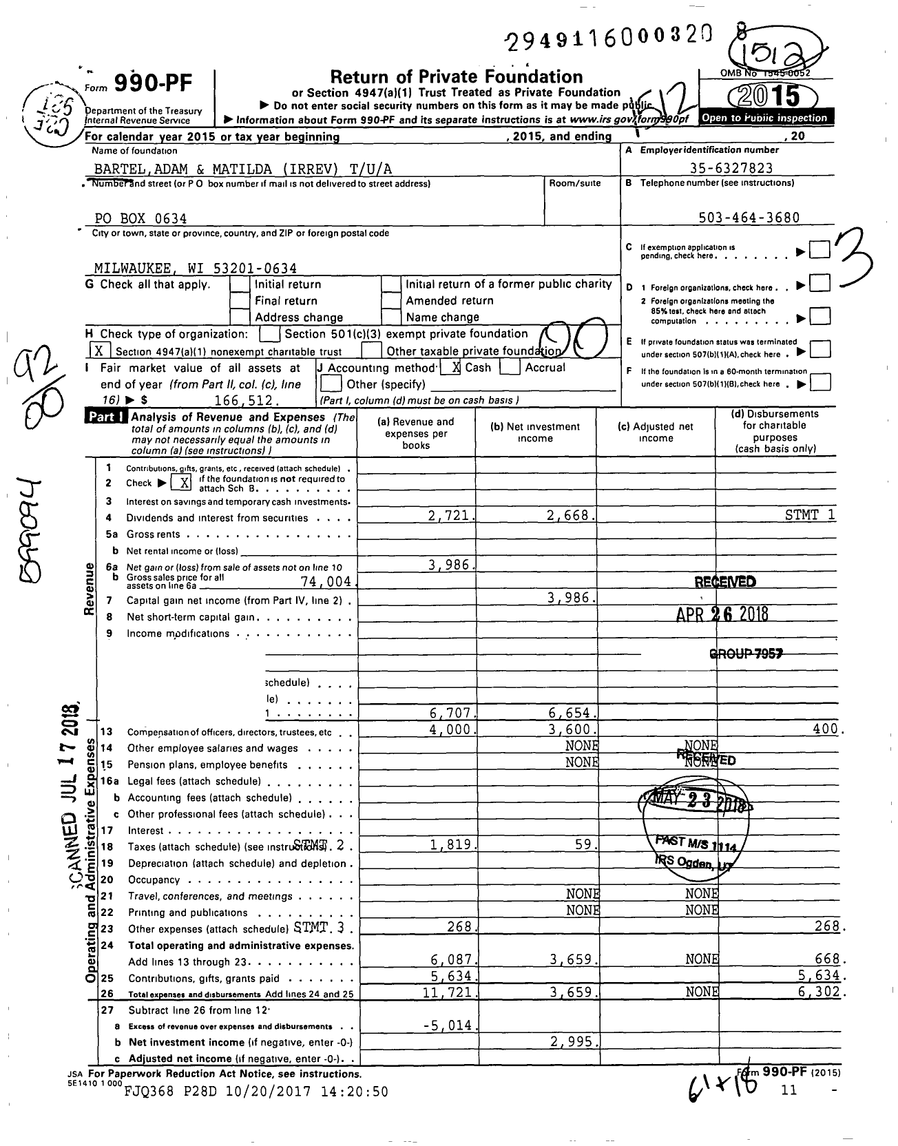 Image of first page of 2015 Form 990PF for Barteladam and Matilda