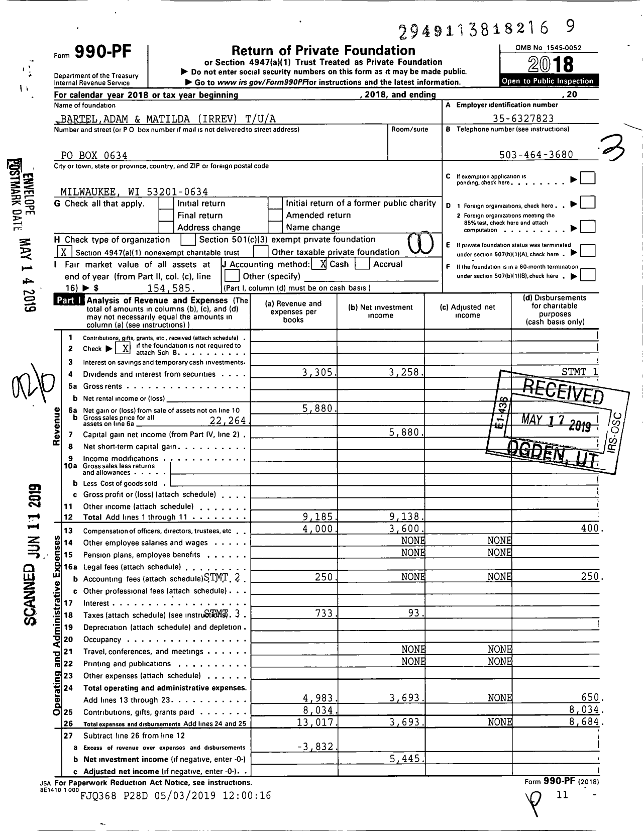 Image of first page of 2018 Form 990PF for Barteladam and Matilda