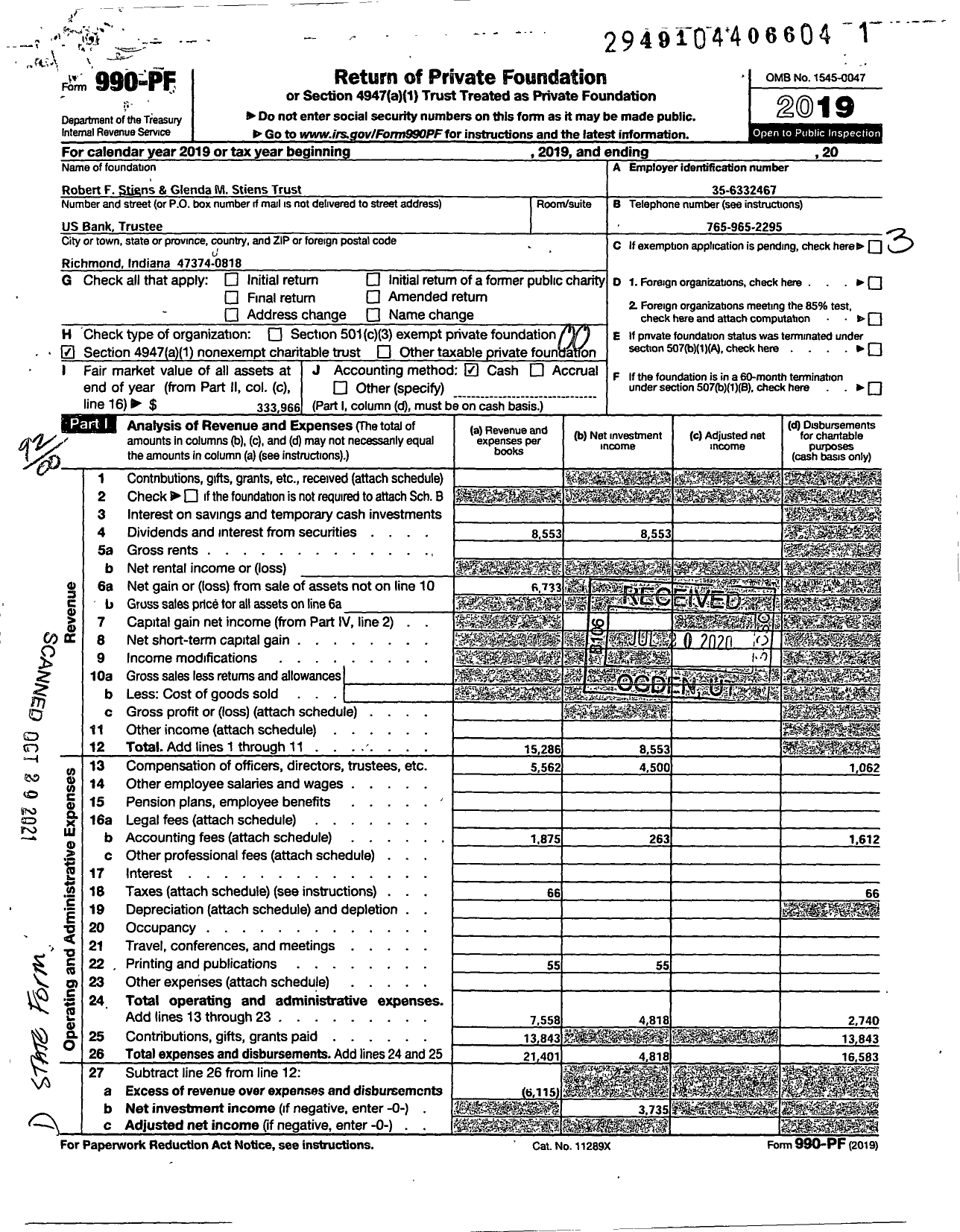 Image of first page of 2019 Form 990PF for Robert F and Glenda M Stiens TR Us Bank Trustee Attn Kara Gudmens