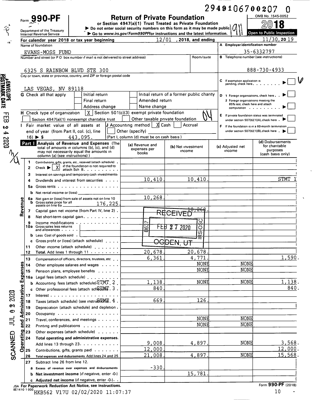 Image of first page of 2018 Form 990PR for Evans-Moss Fund