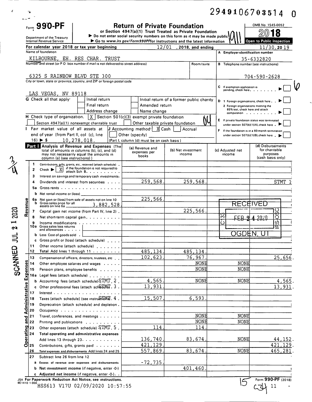 Image of first page of 2018 Form 990PR for Kilbourne Eh Residuary Charitable Tr-Main