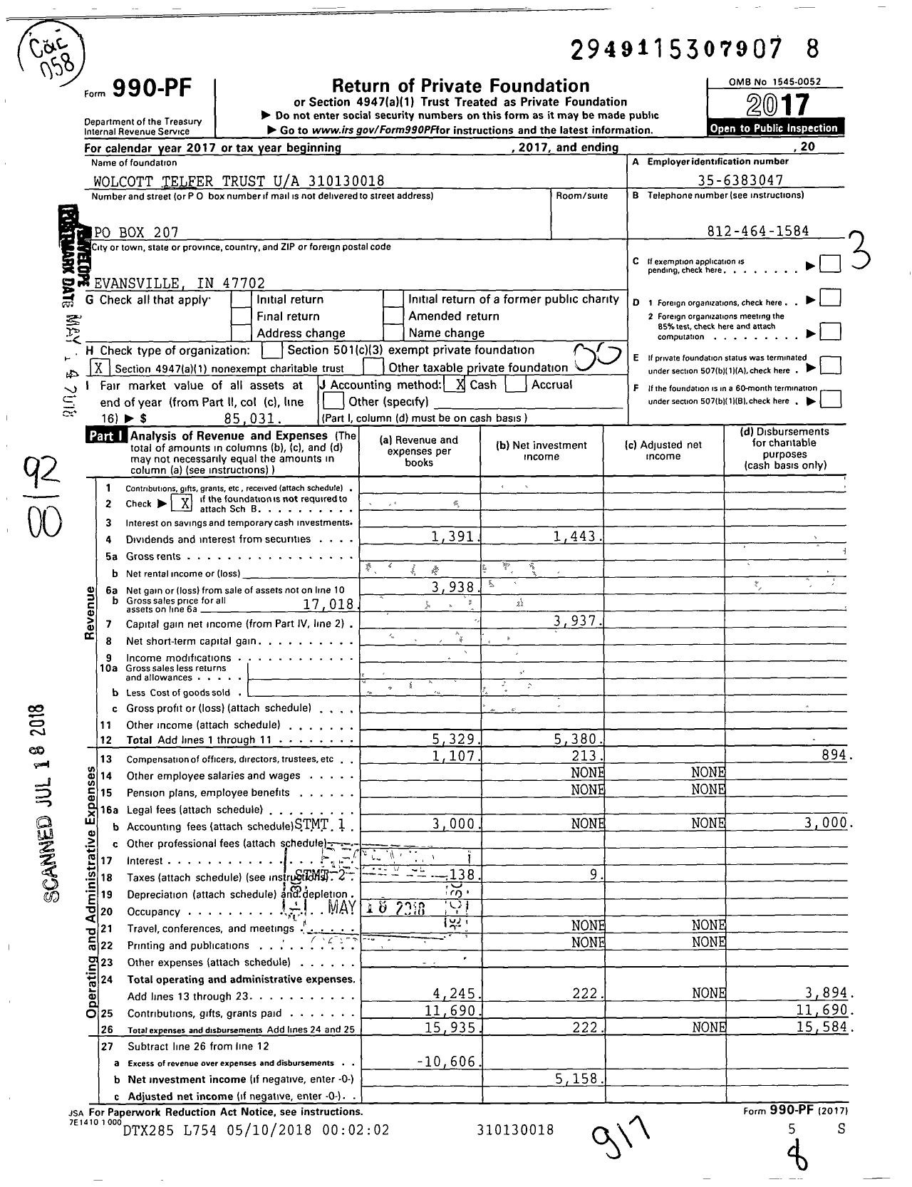 Image of first page of 2017 Form 990PF for Wolcott Telfer Trust XXX-XX-XXXX