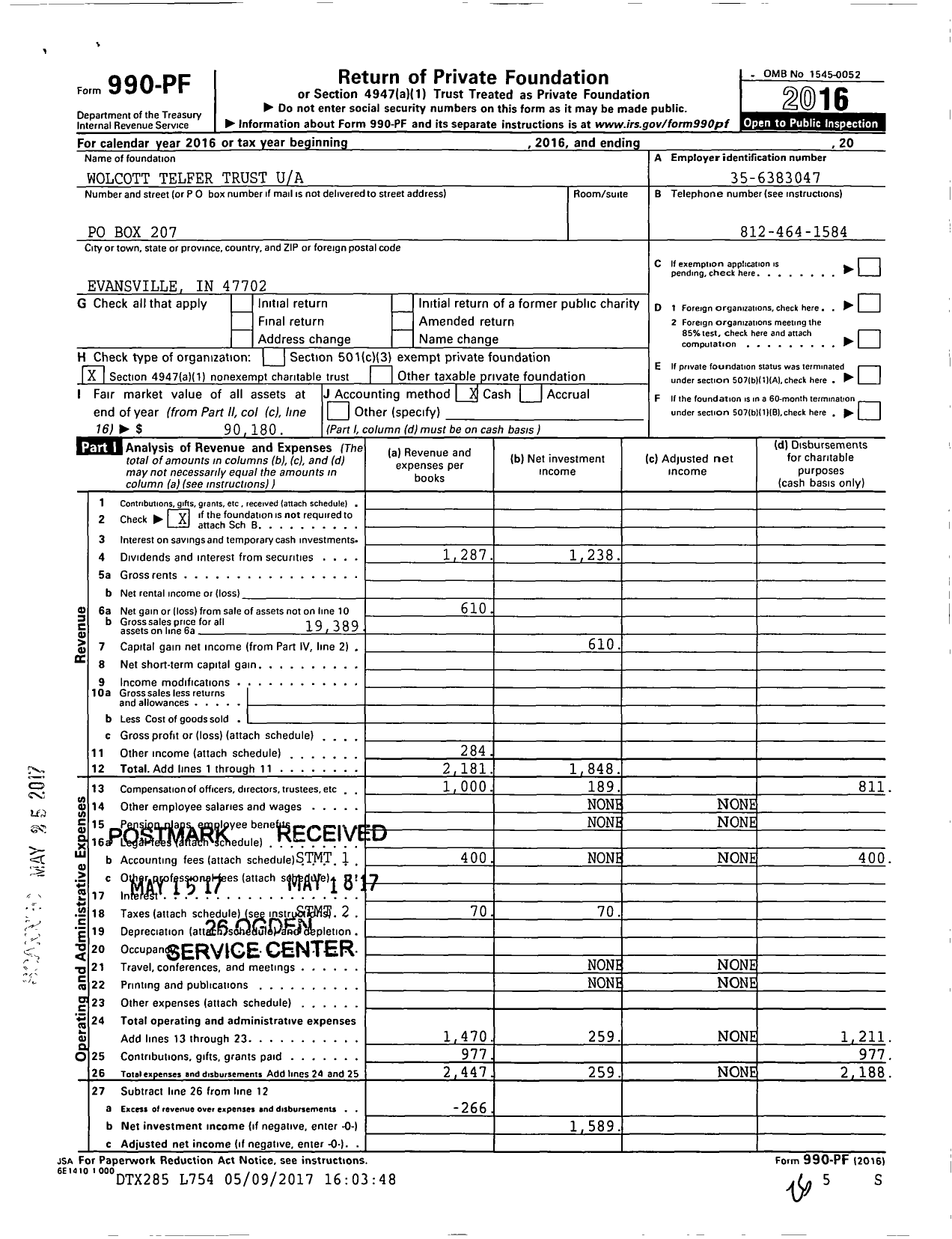 Image of first page of 2016 Form 990PF for Wolcott Telfer Trust XXX-XX-XXXX