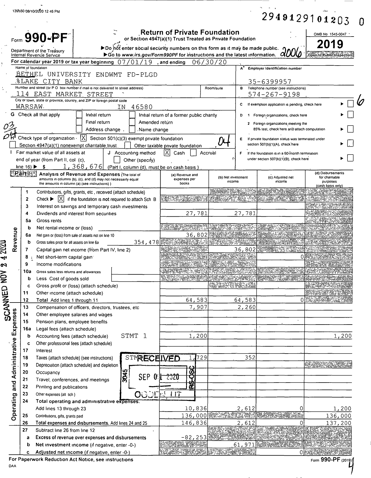 Image of first page of 2019 Form 990PF for Bethel University Endwmt FD-PLGD %lake City Bank