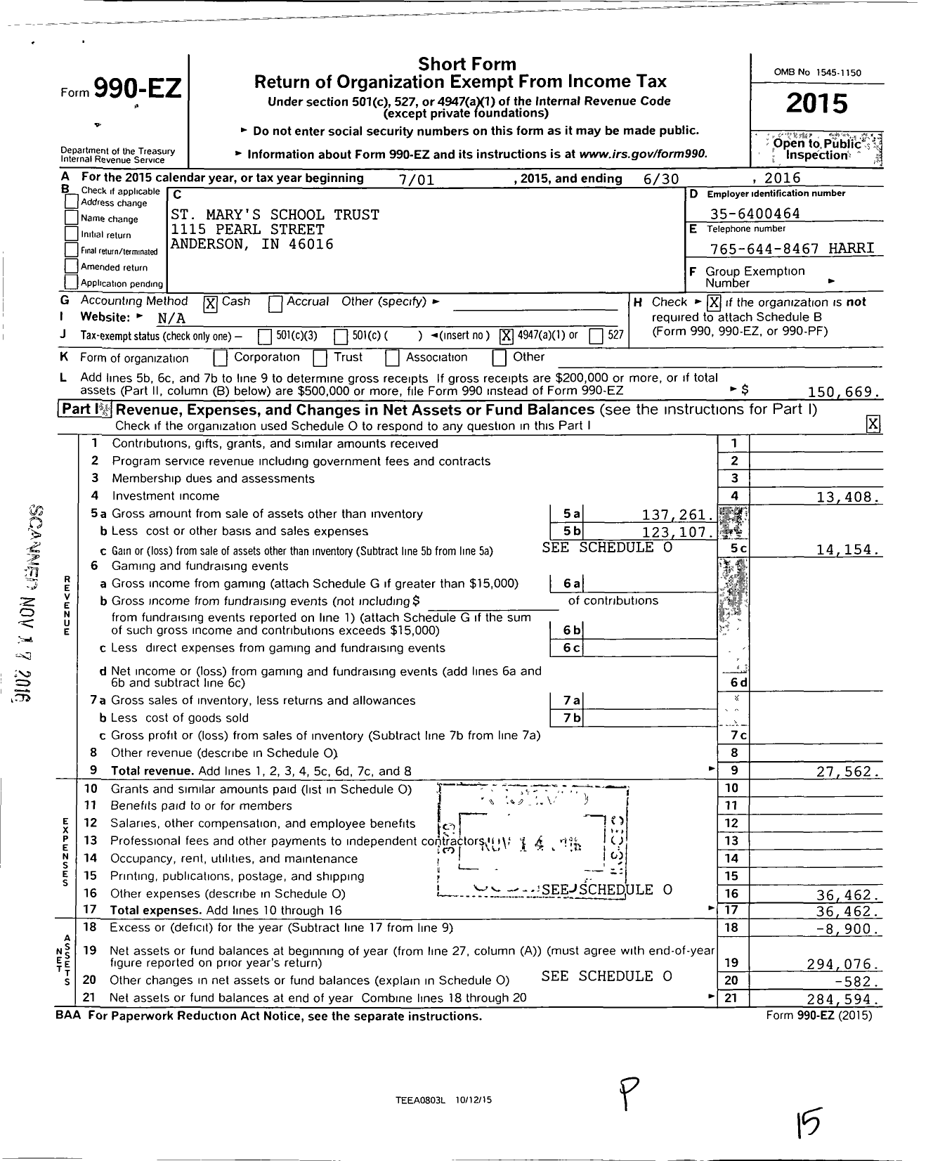 Image of first page of 2015 Form 990EO for St Marys School Trust