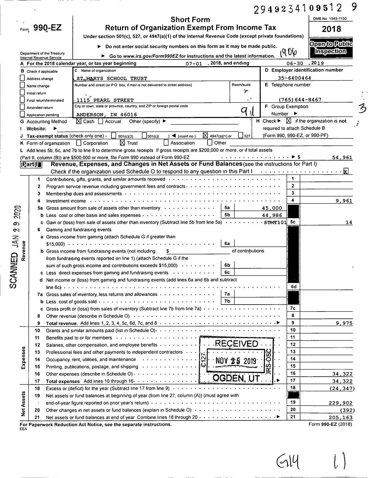 Image of first page of 2018 Form 990EO for St Marys School Trust