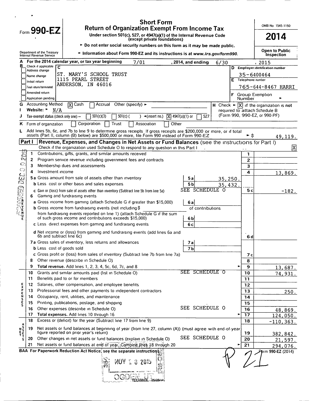 Image of first page of 2014 Form 990EO for St Marys School Trust