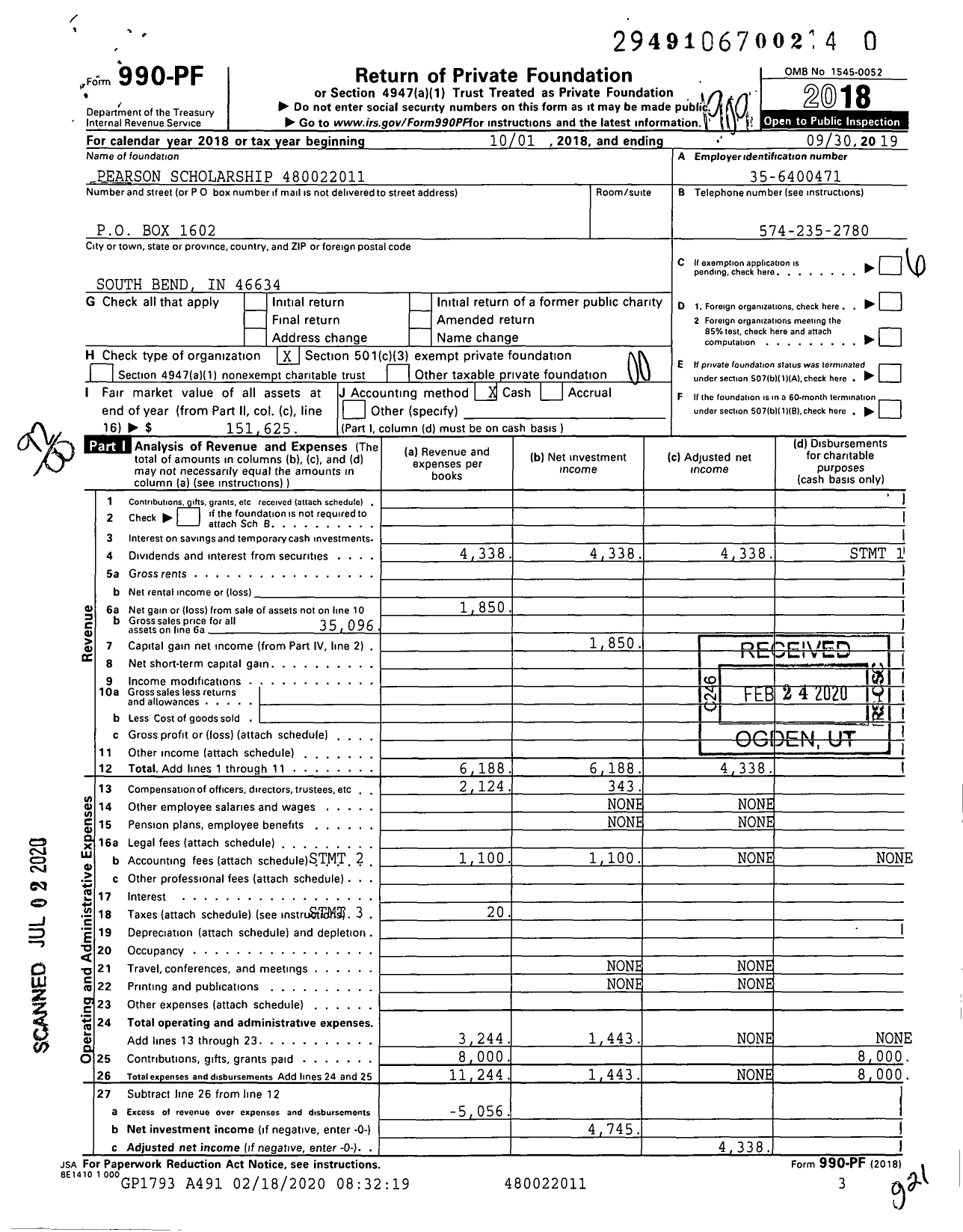 Image of first page of 2018 Form 990PR for Pearson Scholarship XXX-XX-XXXX