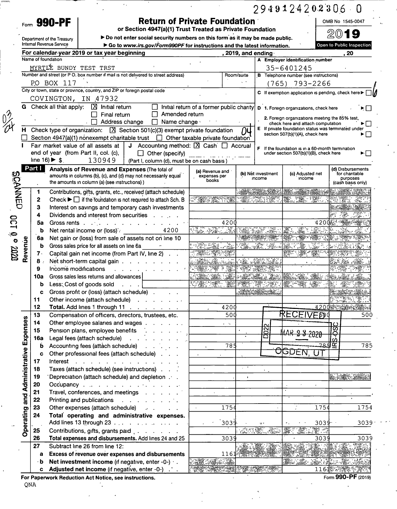 Image of first page of 2019 Form 990PR for Myrtle Bundy Test TRST