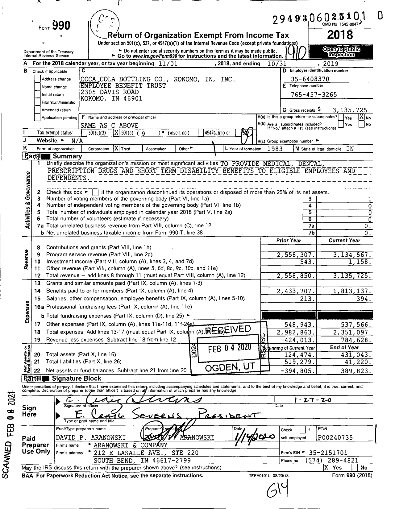 Image of first page of 2018 Form 990O for Coca Cola Bottling Kokomo in Employee Benefit Trust