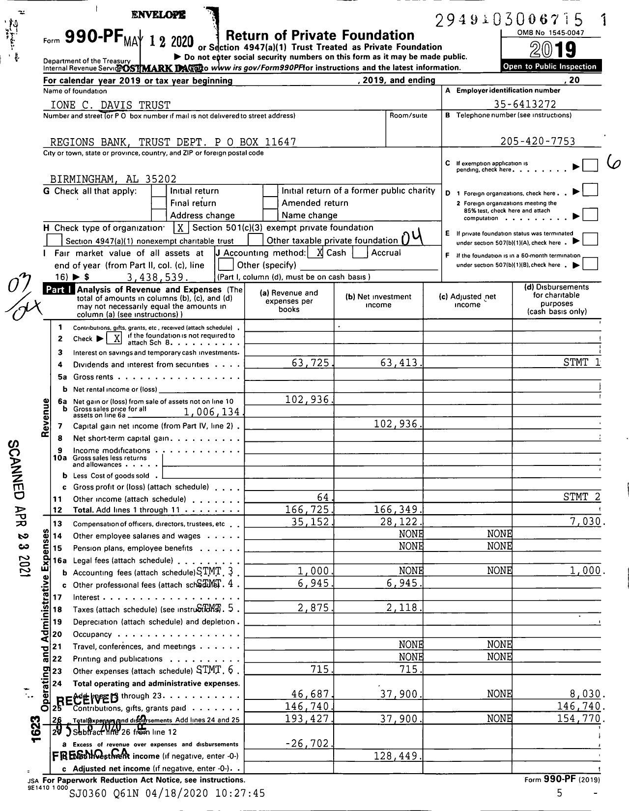 Image of first page of 2019 Form 990PF for Ione C Davis Trust