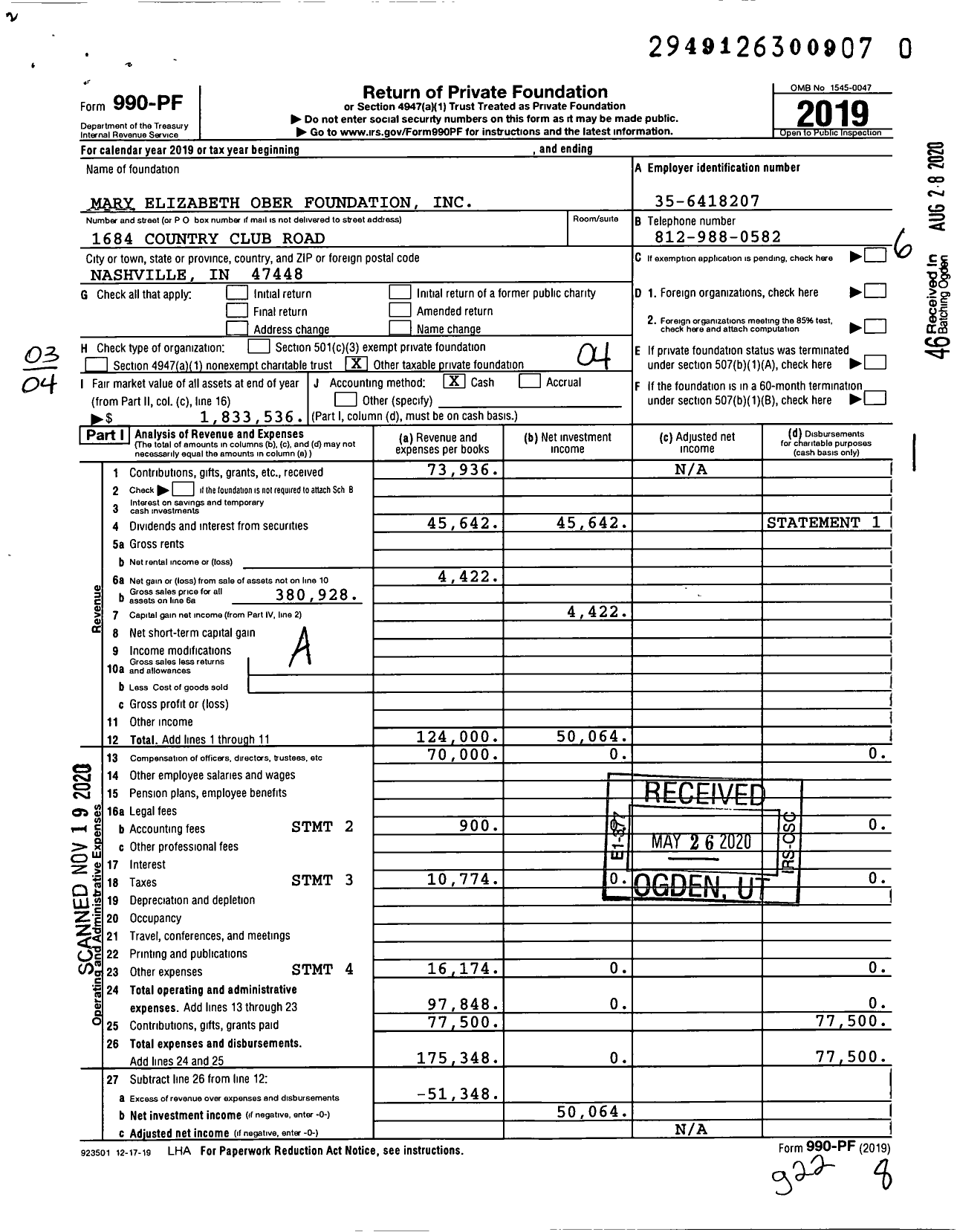 Image of first page of 2019 Form 990PF for Mary Elizabeth Ober Foundation