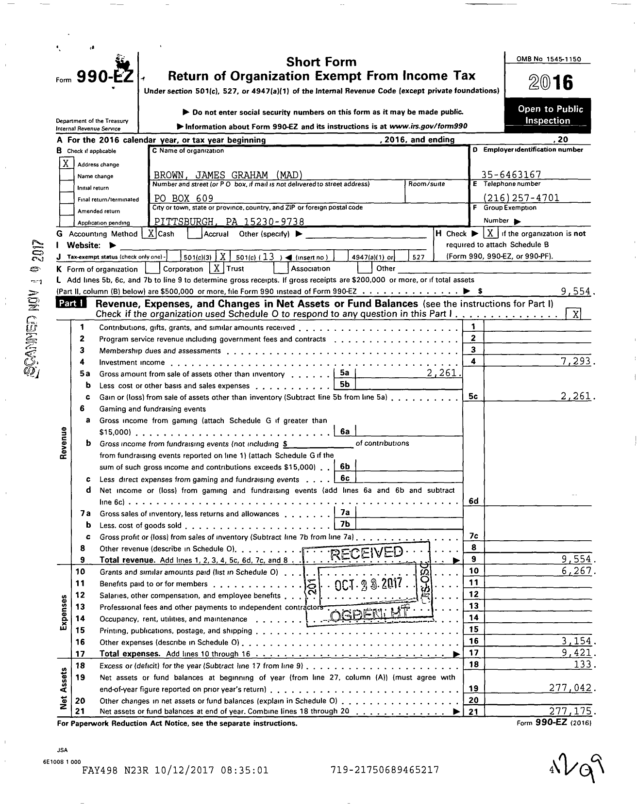 Image of first page of 2016 Form 990EO for Brown James Graham