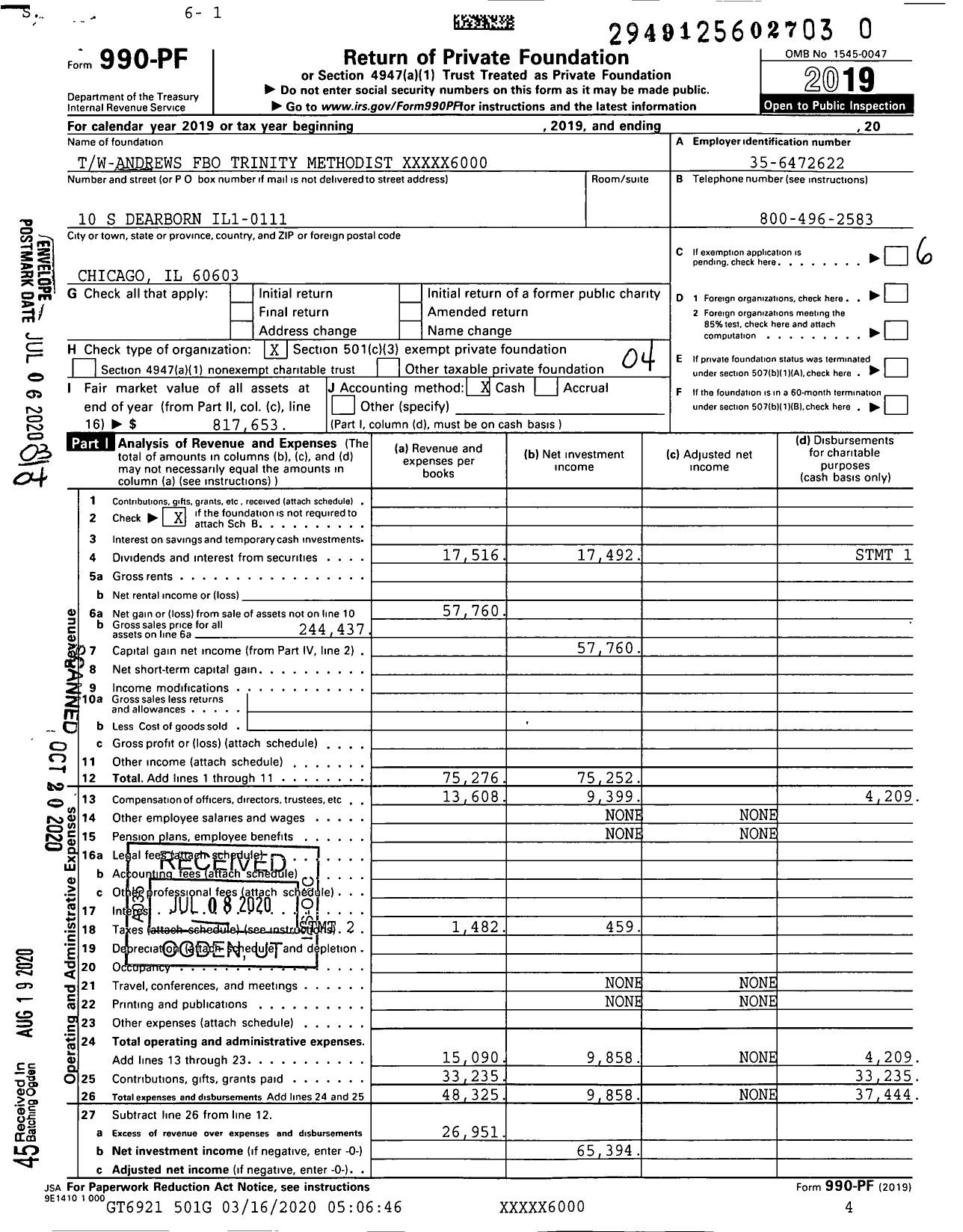 Image of first page of 2019 Form 990PR for Tw-Andrews Fbo Trinity Methodist XXXXX6000