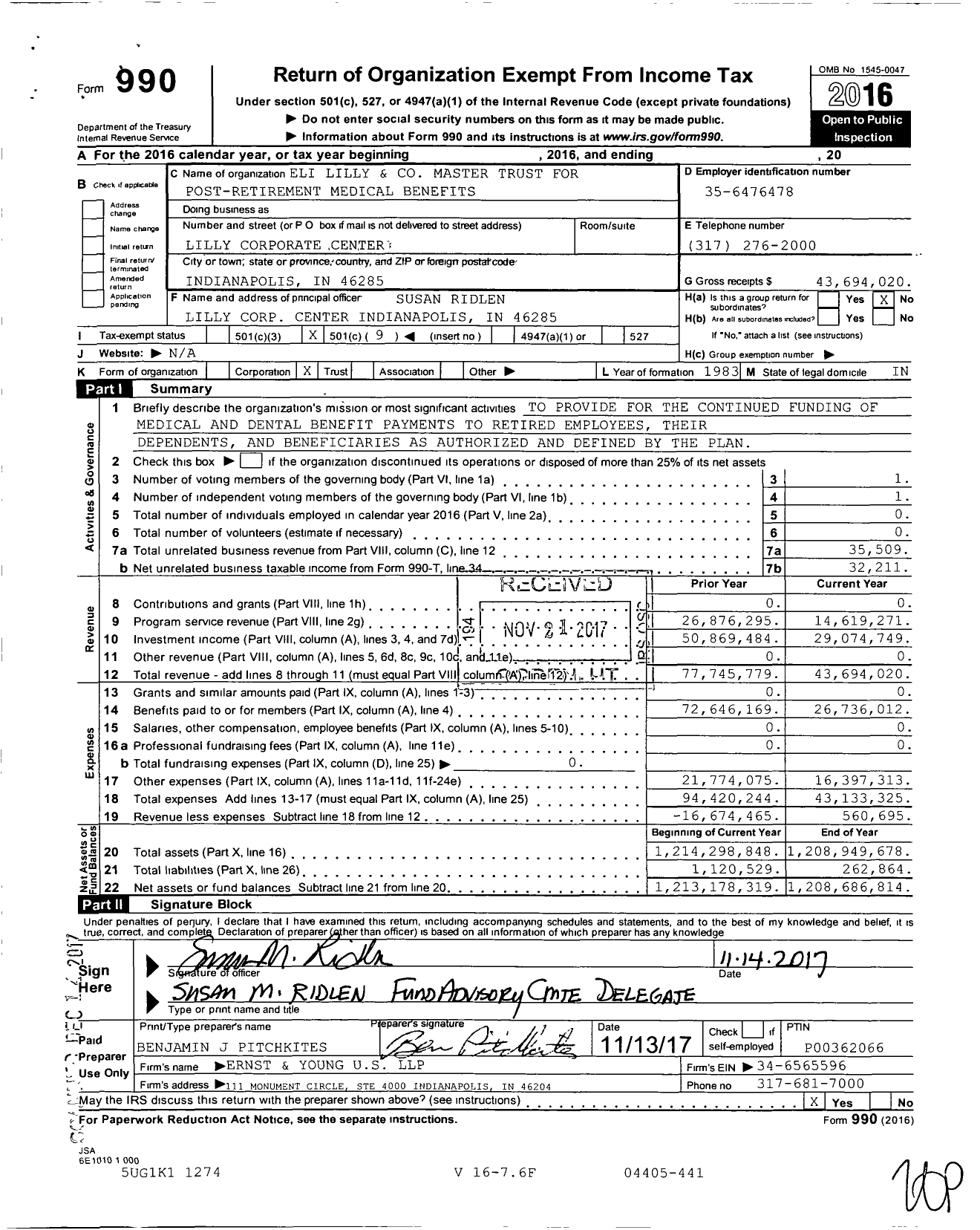 Image of first page of 2016 Form 990O for Eli Lilly and Master Trust for Post-Retirement Medical Benefits