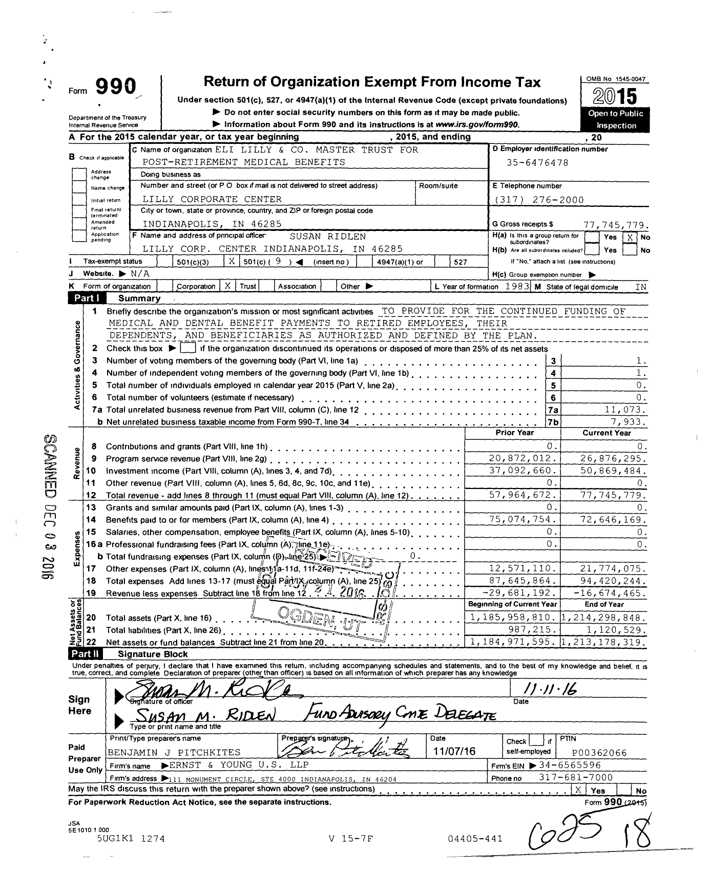 Image of first page of 2015 Form 990O for Eli Lilly and Master Trust for Post-Retirement Medical Benefits