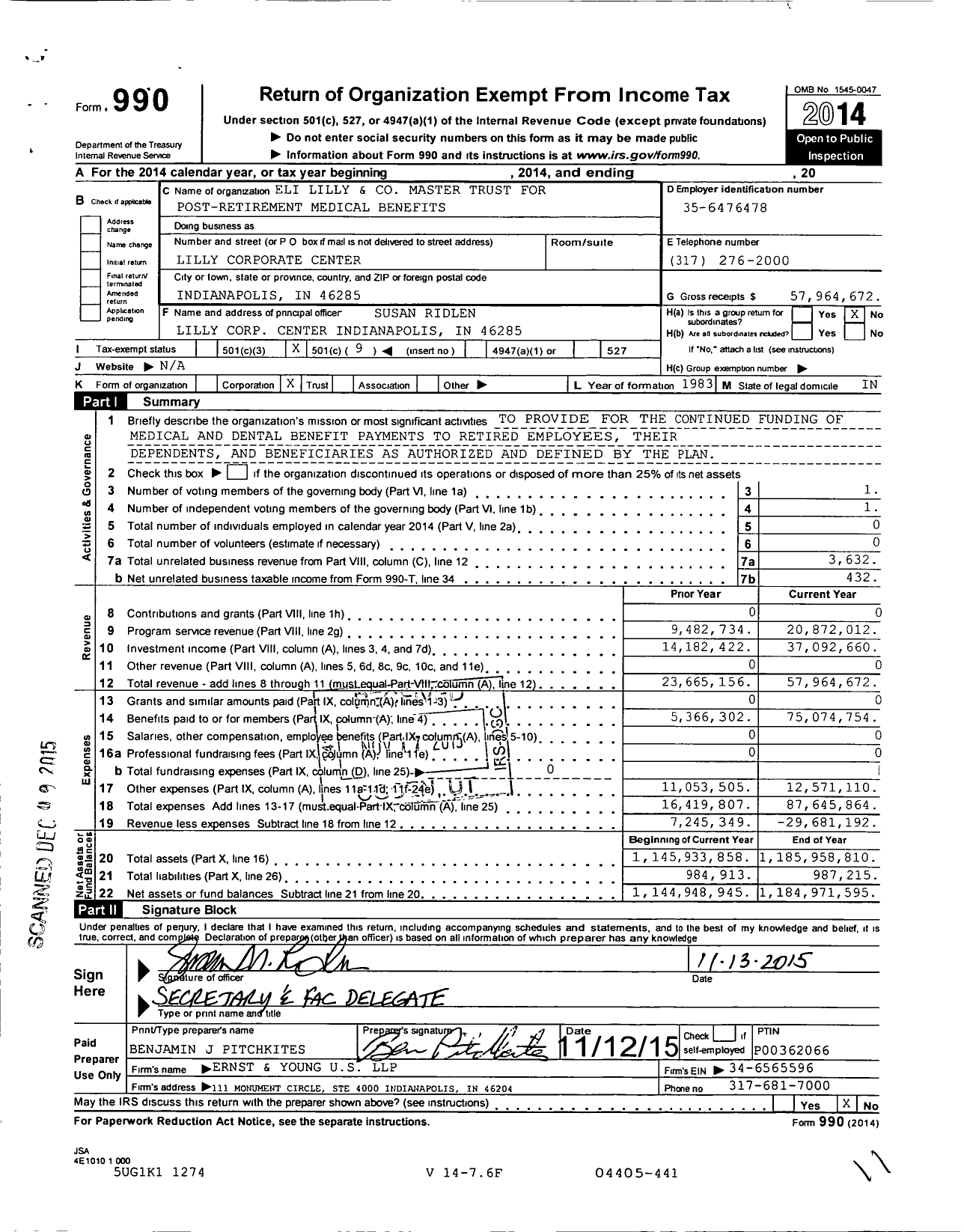Image of first page of 2014 Form 990O for Eli Lilly and Master Trust for Post-Retirement Medical Benefits