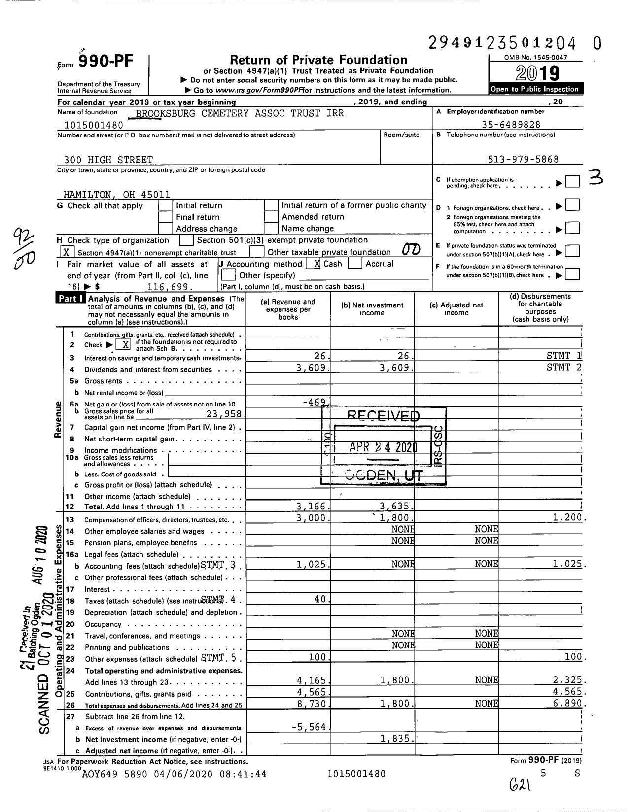 Image of first page of 2019 Form 990PR for Brooksburg Cemetery Association Trust Irr