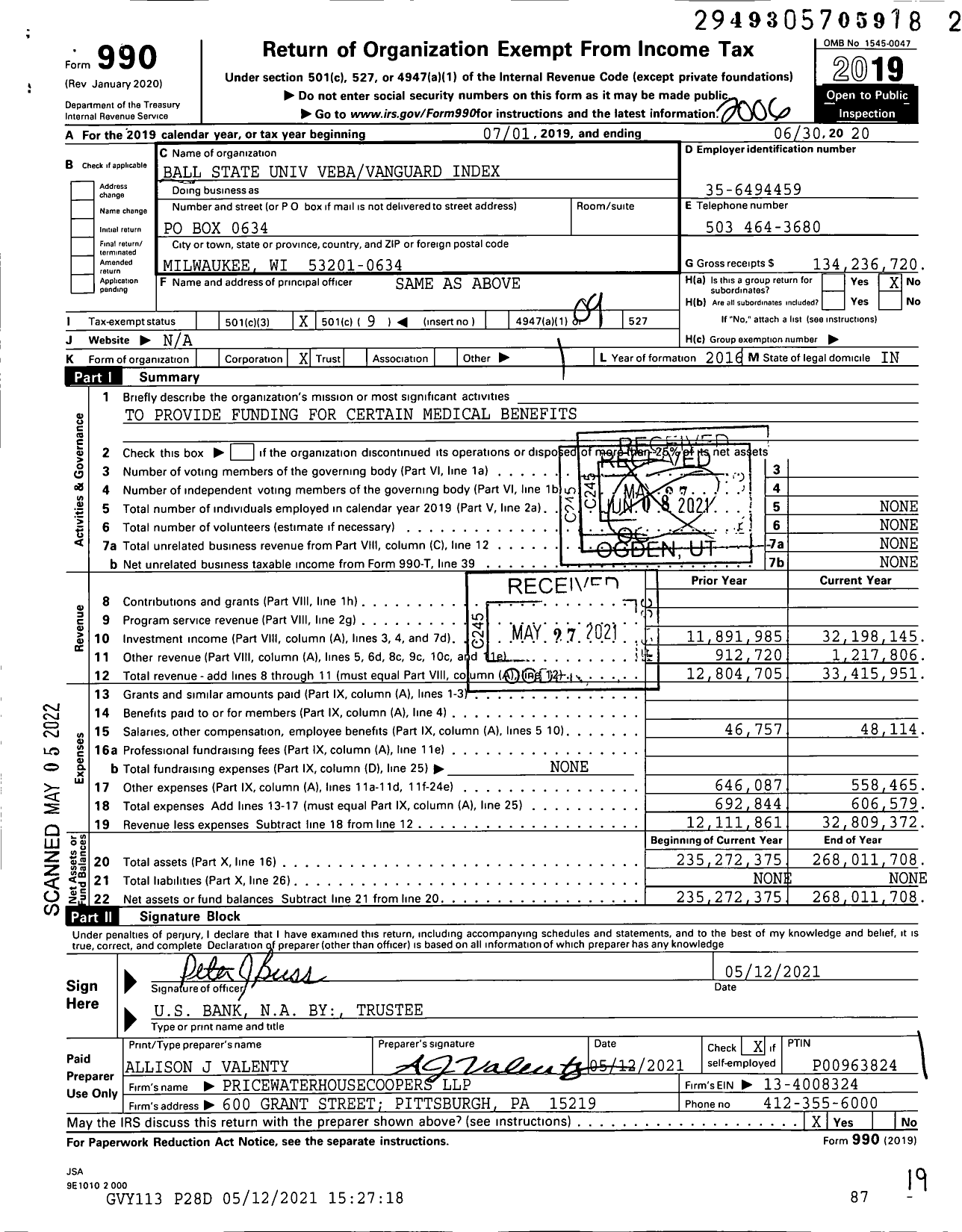 Image of first page of 2019 Form 990O for Ball State University Veba Vanguard Index