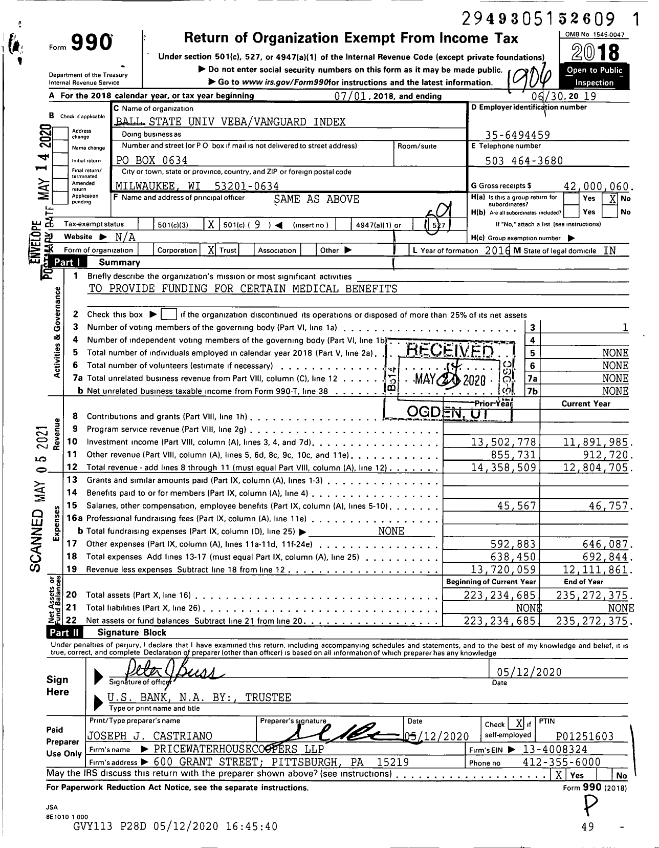 Image of first page of 2018 Form 990O for Ball State University Veba Vanguard Index