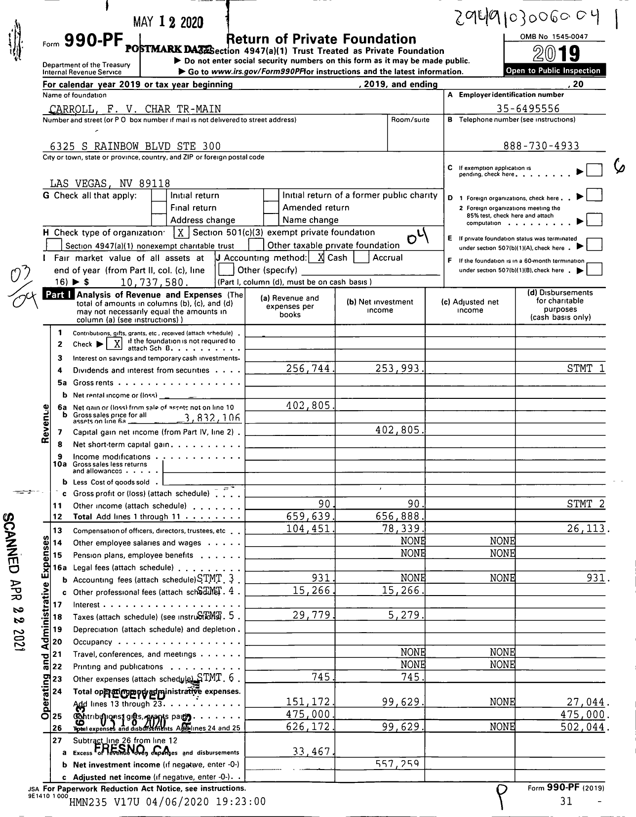 Image of first page of 2019 Form 990PF for Carroll F V Charitable Tr-Main