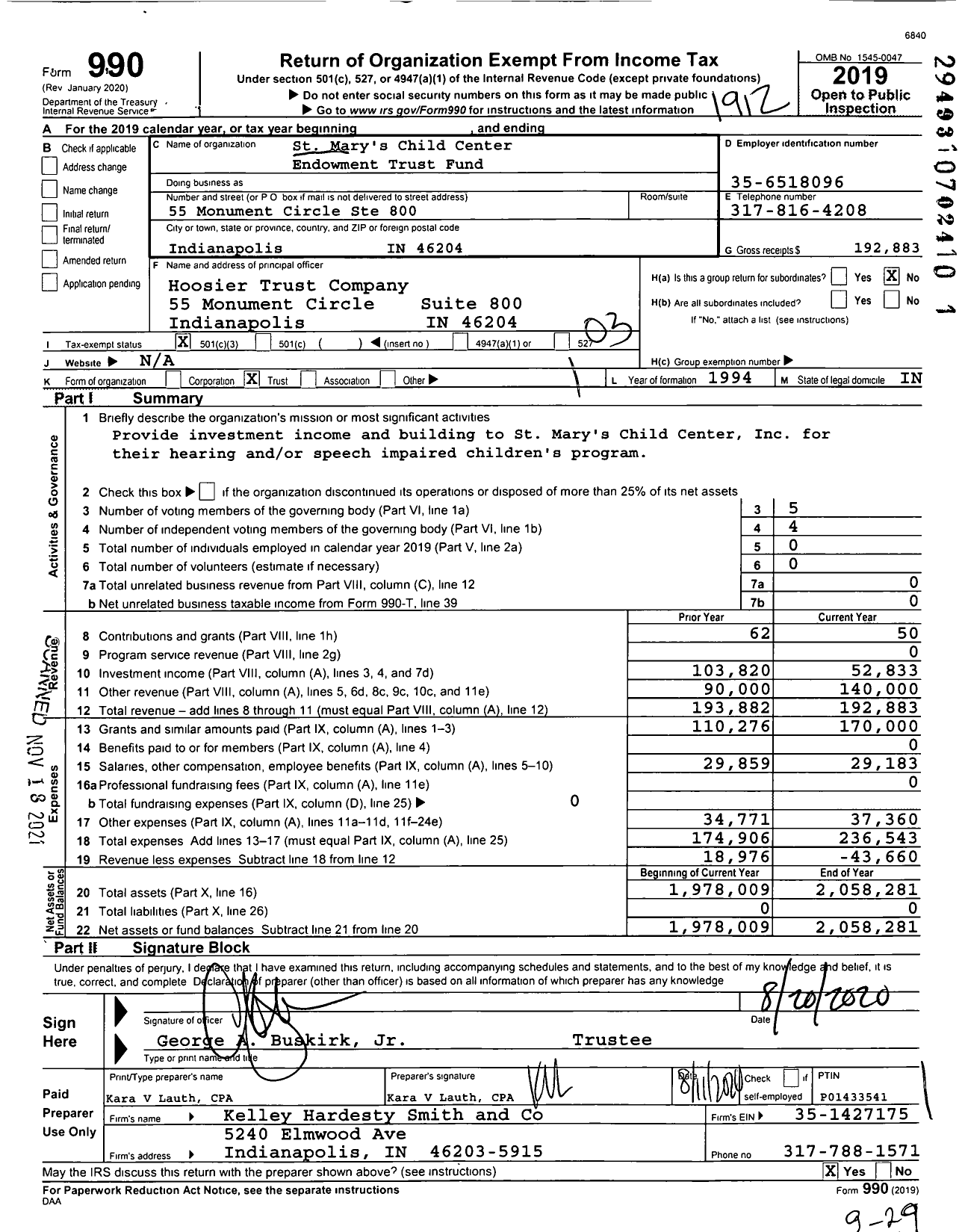 Image of first page of 2019 Form 990 for St Mary's Charities Trust Fund Dated 12 / 30 / 94