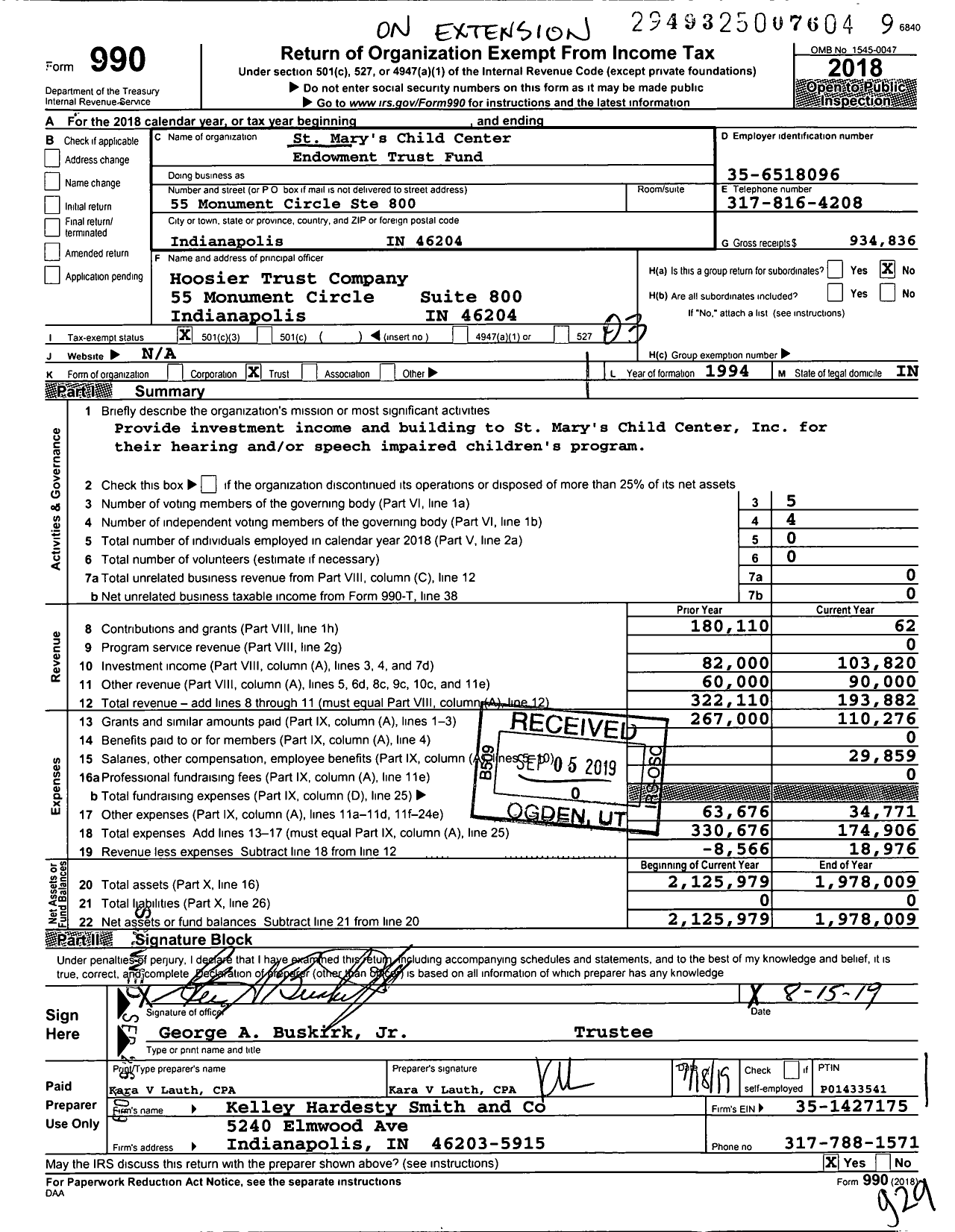 Image of first page of 2018 Form 990 for St Mary's Charities Trust Fund Dated 12 / 30 / 94