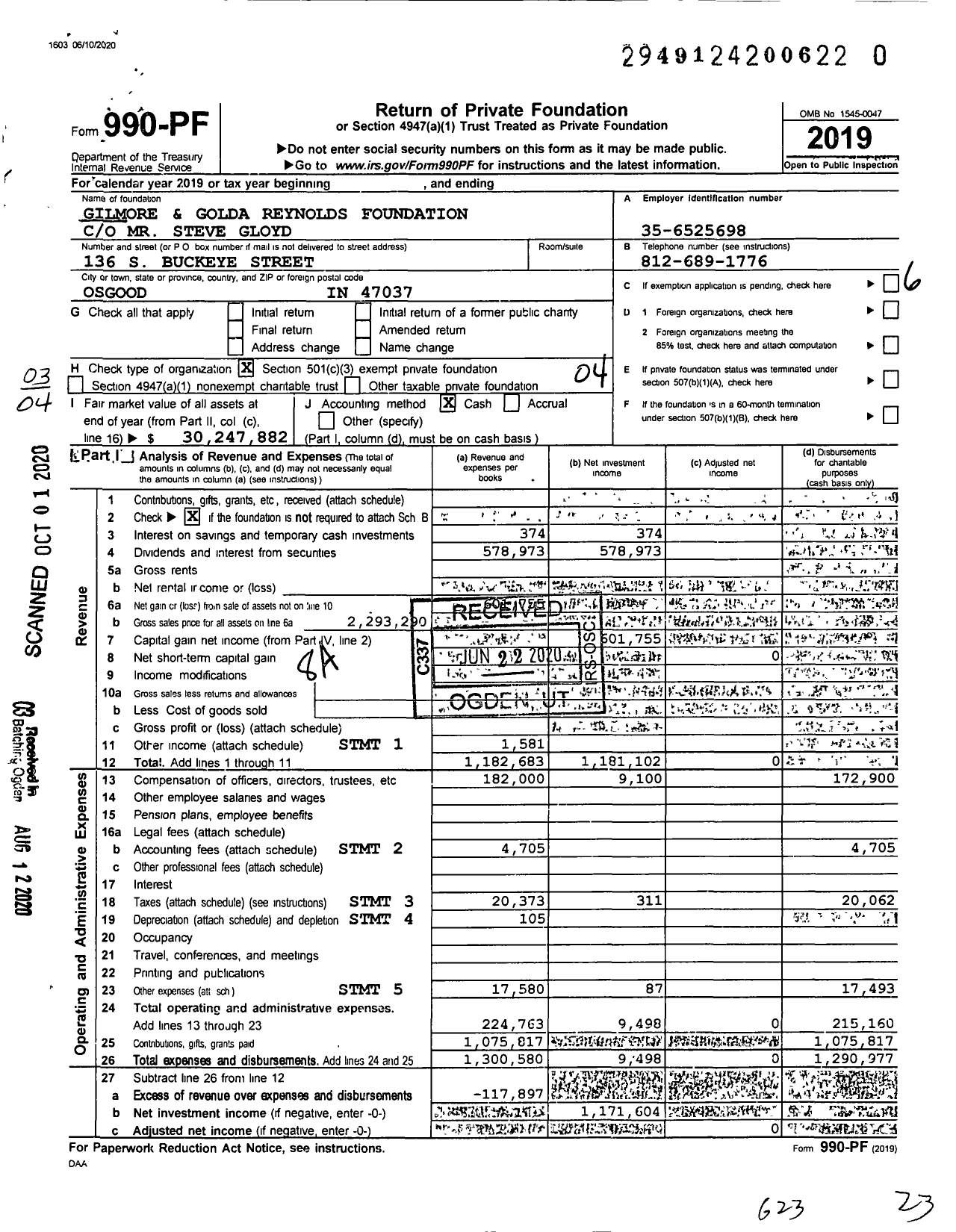 Image of first page of 2019 Form 990PR for Gilmore and Golda Reynolds Foundation