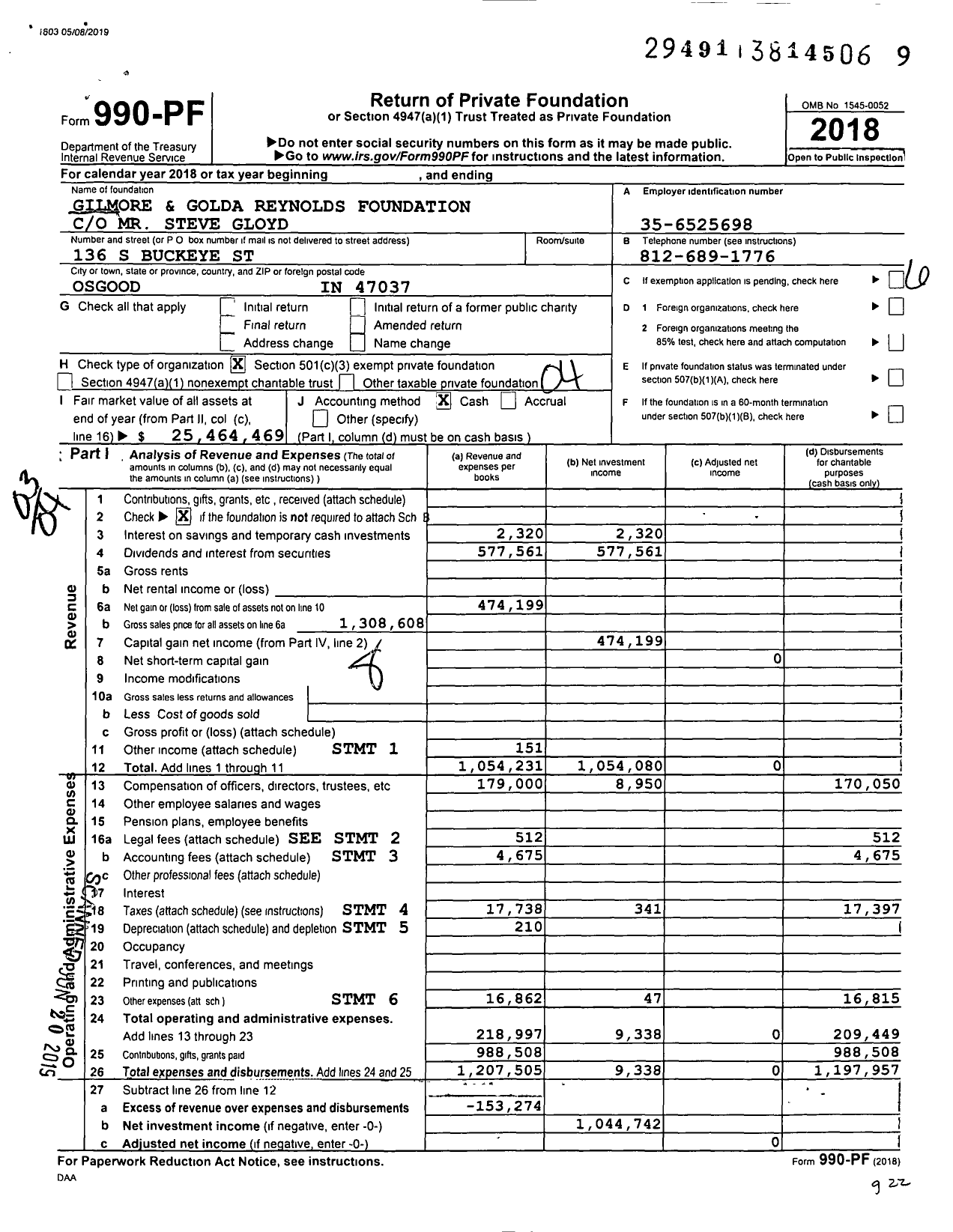 Image of first page of 2018 Form 990PF for Gilmore and Golda Reynolds Foundation