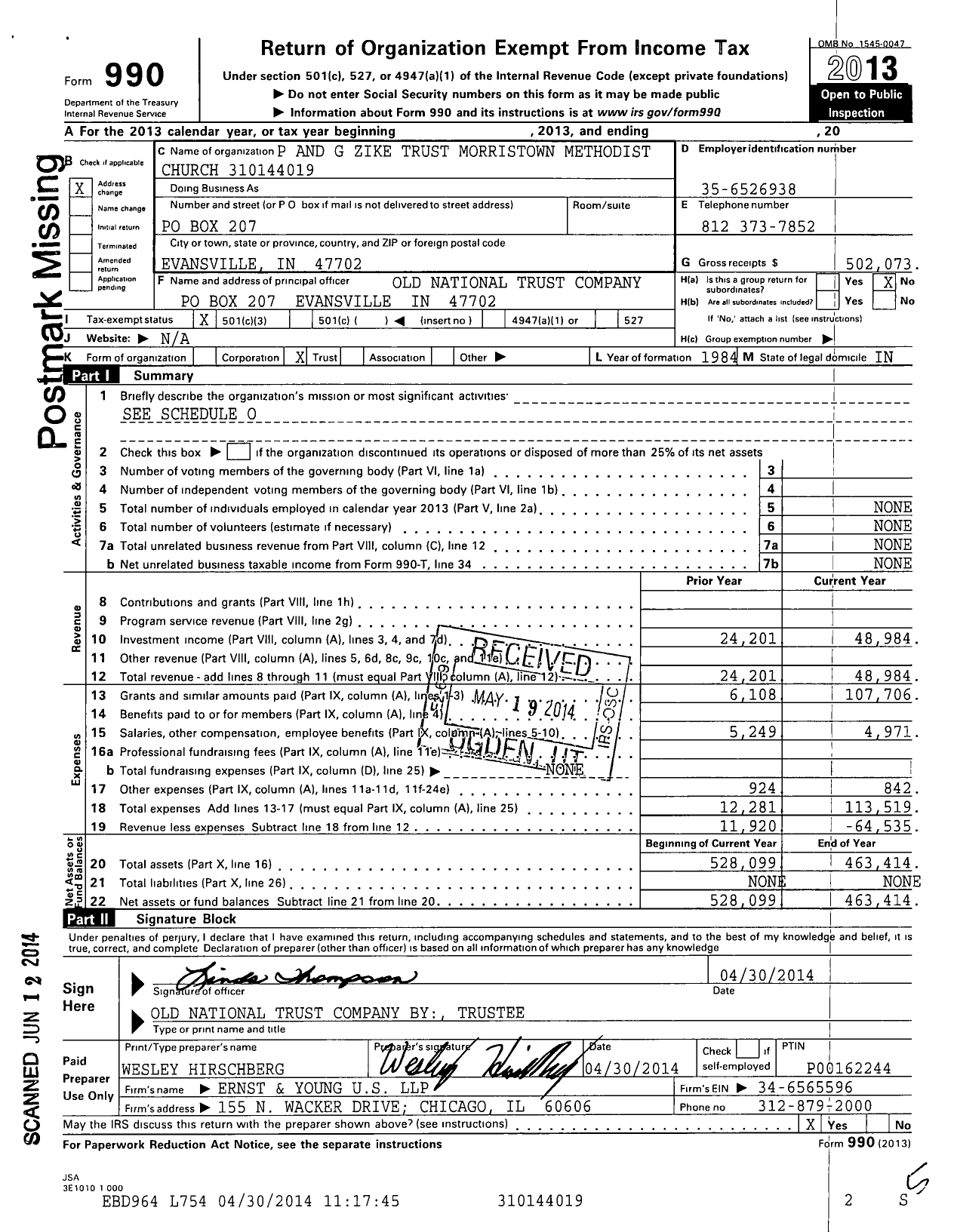 Image of first page of 2013 Form 990 for P and G Zike Trust United Methodist Church