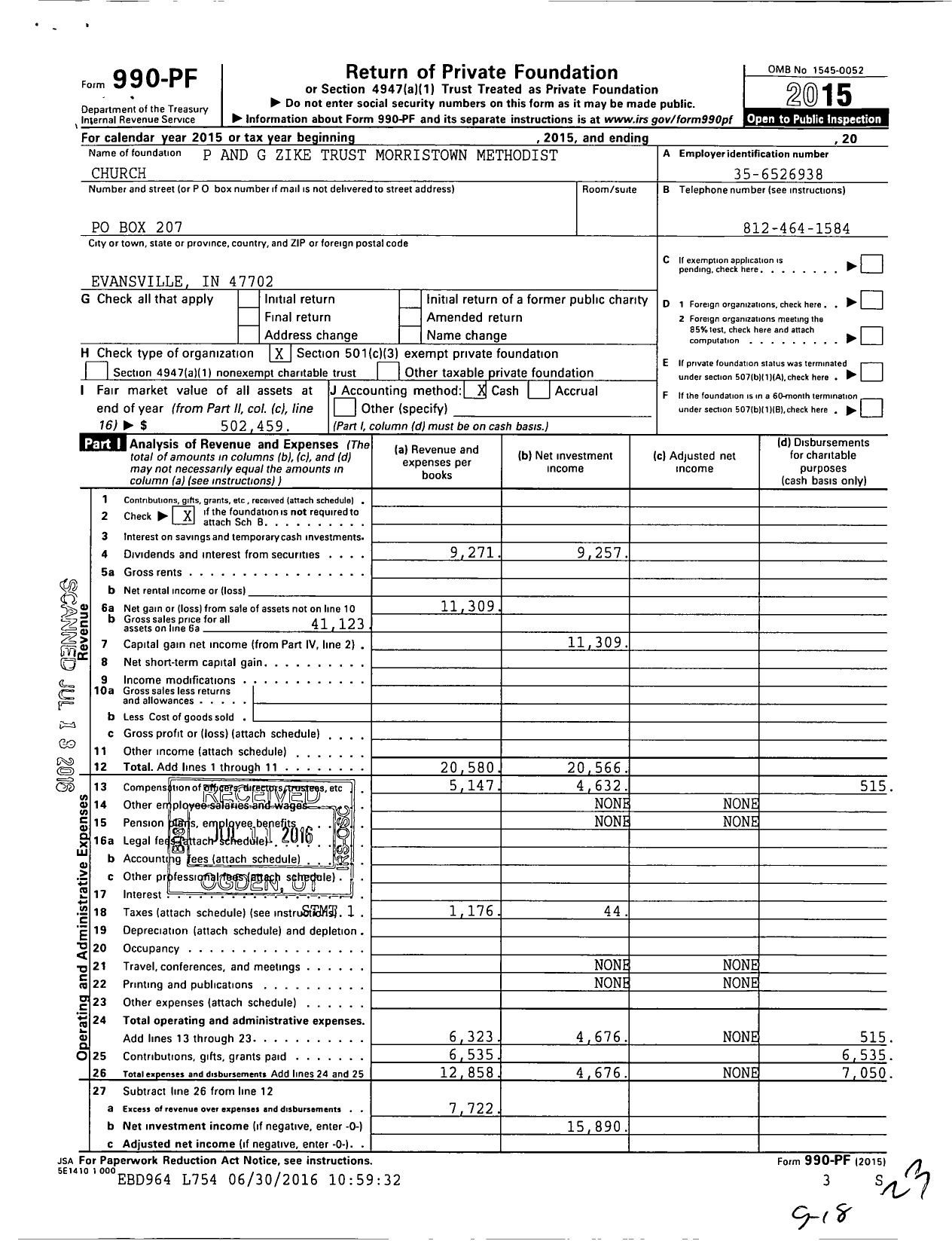 Image of first page of 2015 Form 990PF for P and G Zike Trust United Methodist Church