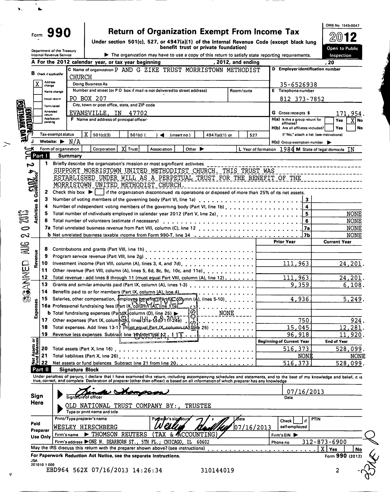 Image of first page of 2012 Form 990 for P and G Zike Trust United Methodist Church