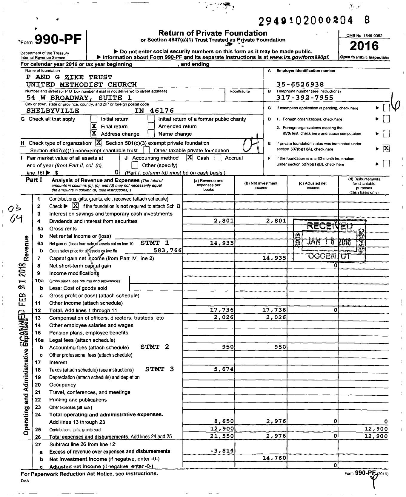 Image of first page of 2016 Form 990PF for P and G Zike Trust United Methodist Church