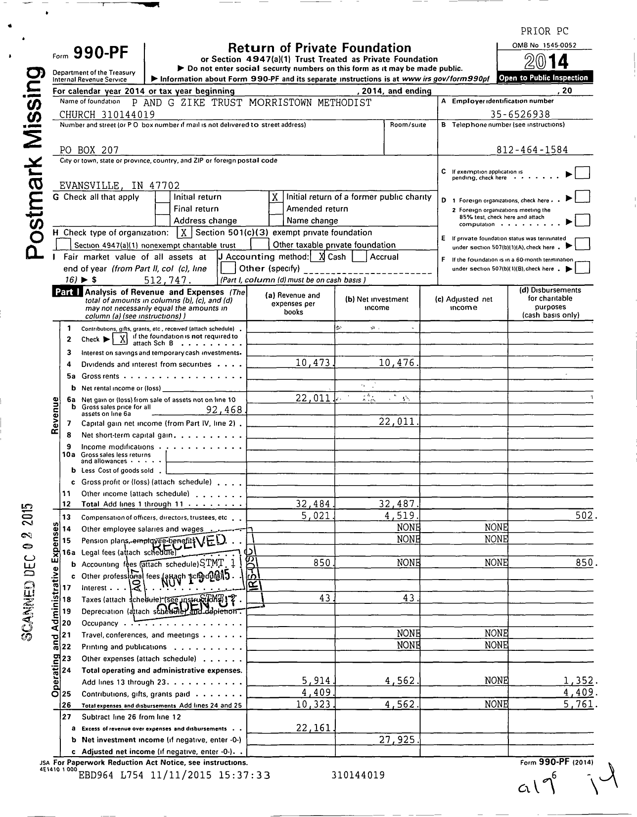 Image of first page of 2014 Form 990PF for P and G Zike Trust United Methodist Church