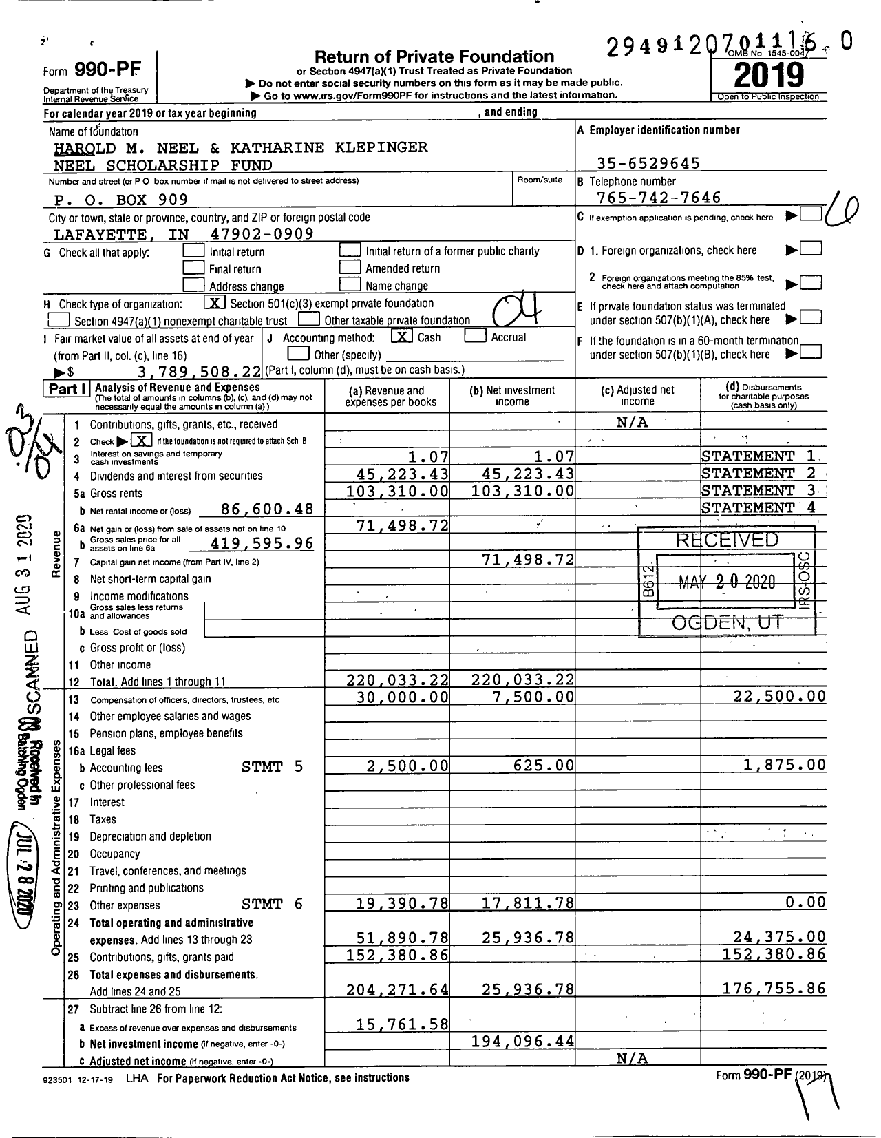 Image of first page of 2019 Form 990PR for Harold M Neel and Katharine Klepinger Neel Scholarship Fund